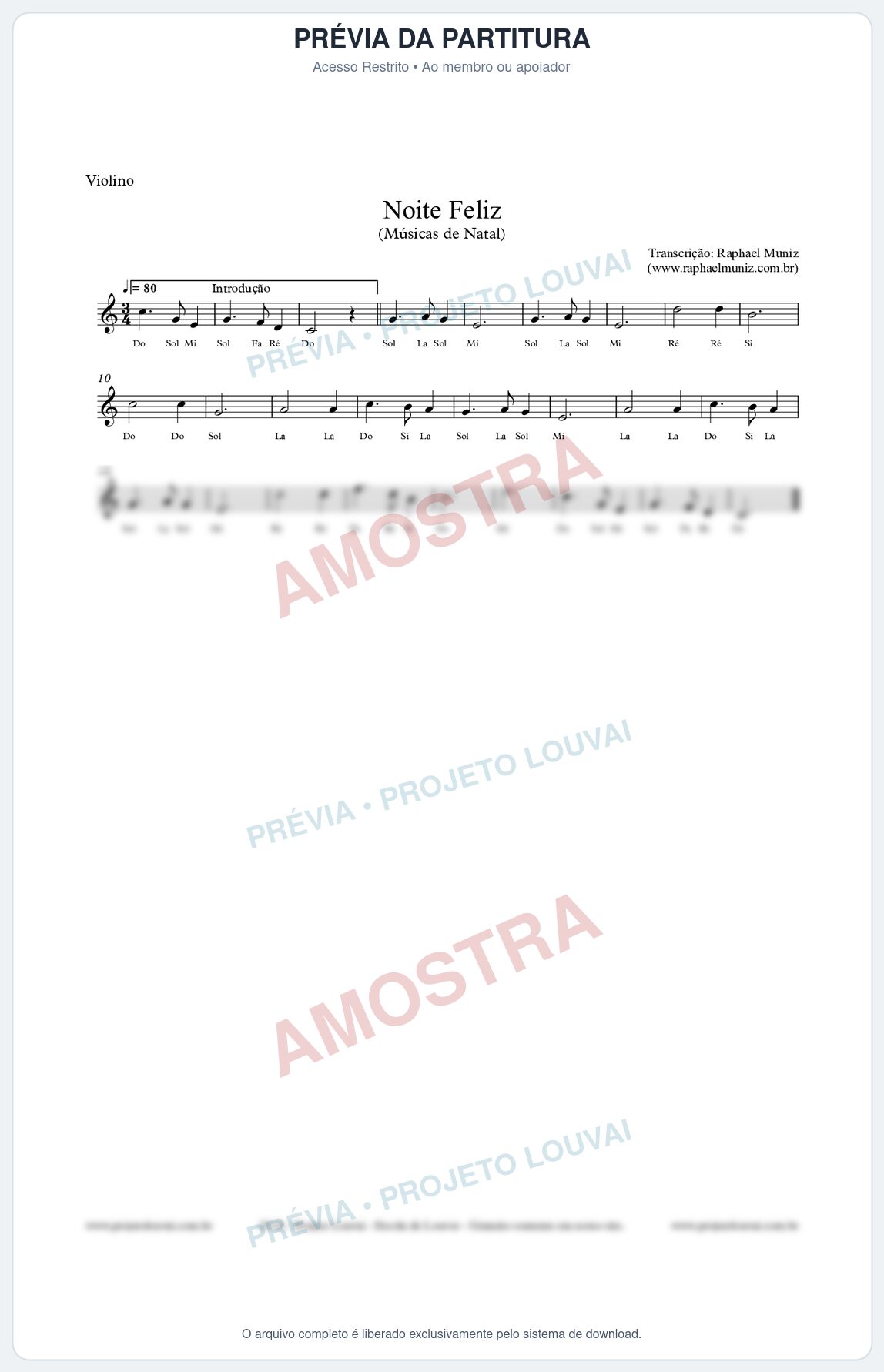 Prévia protegida da primeira página da partitura Partitura | Cifra Melódica para Violino - Noite Feliz - Músicas de Natal