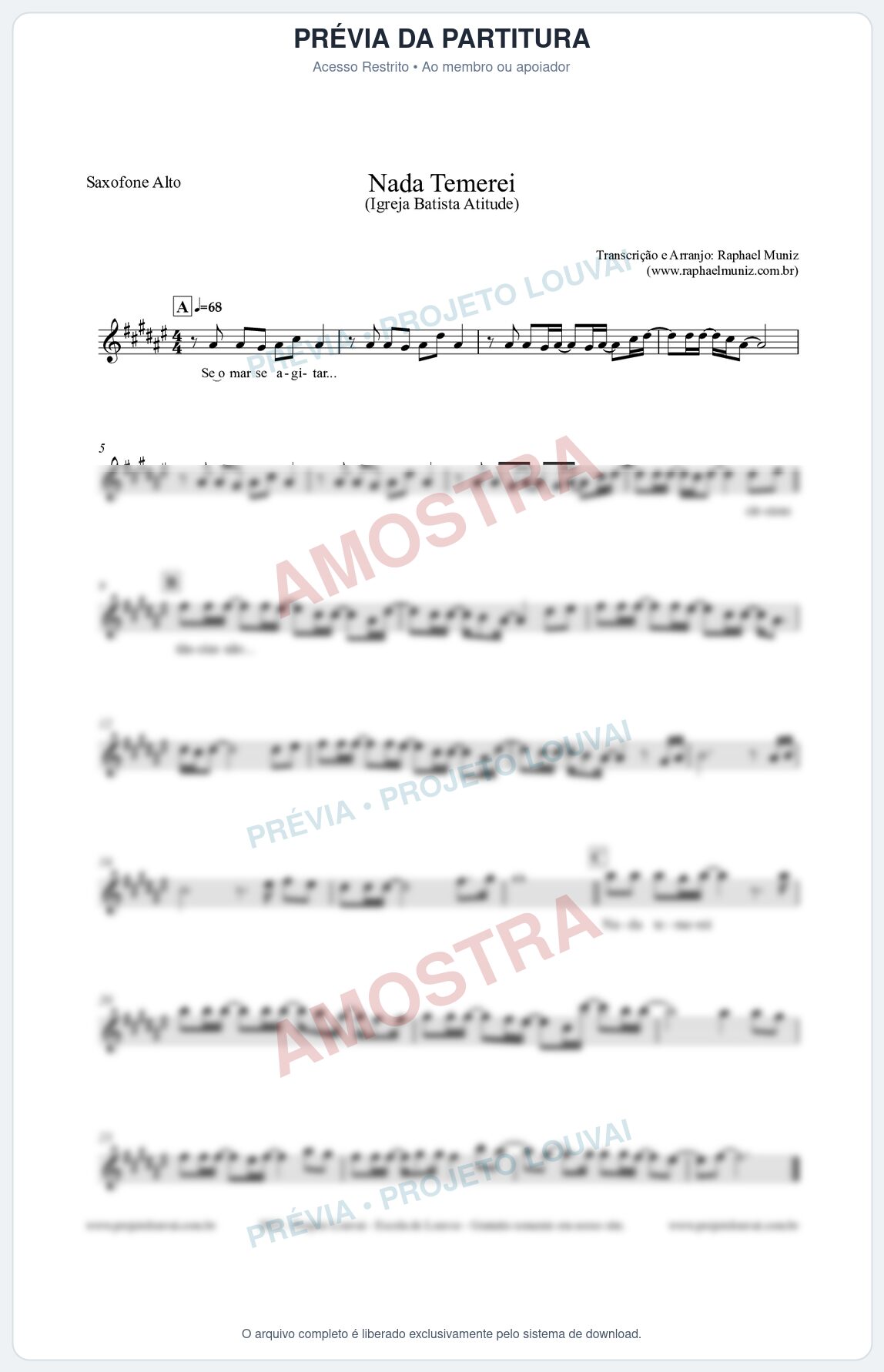 Prévia protegida da primeira página da partitura Partitura para Saxofone Alto - Nada Temerei - Igreja Batista Atitude