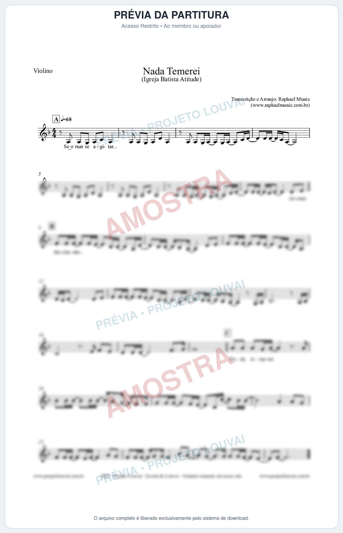 Prévia protegida da primeira página da partitura Partitura para Violino - Nada Temerei - Igreja Batista Atitude