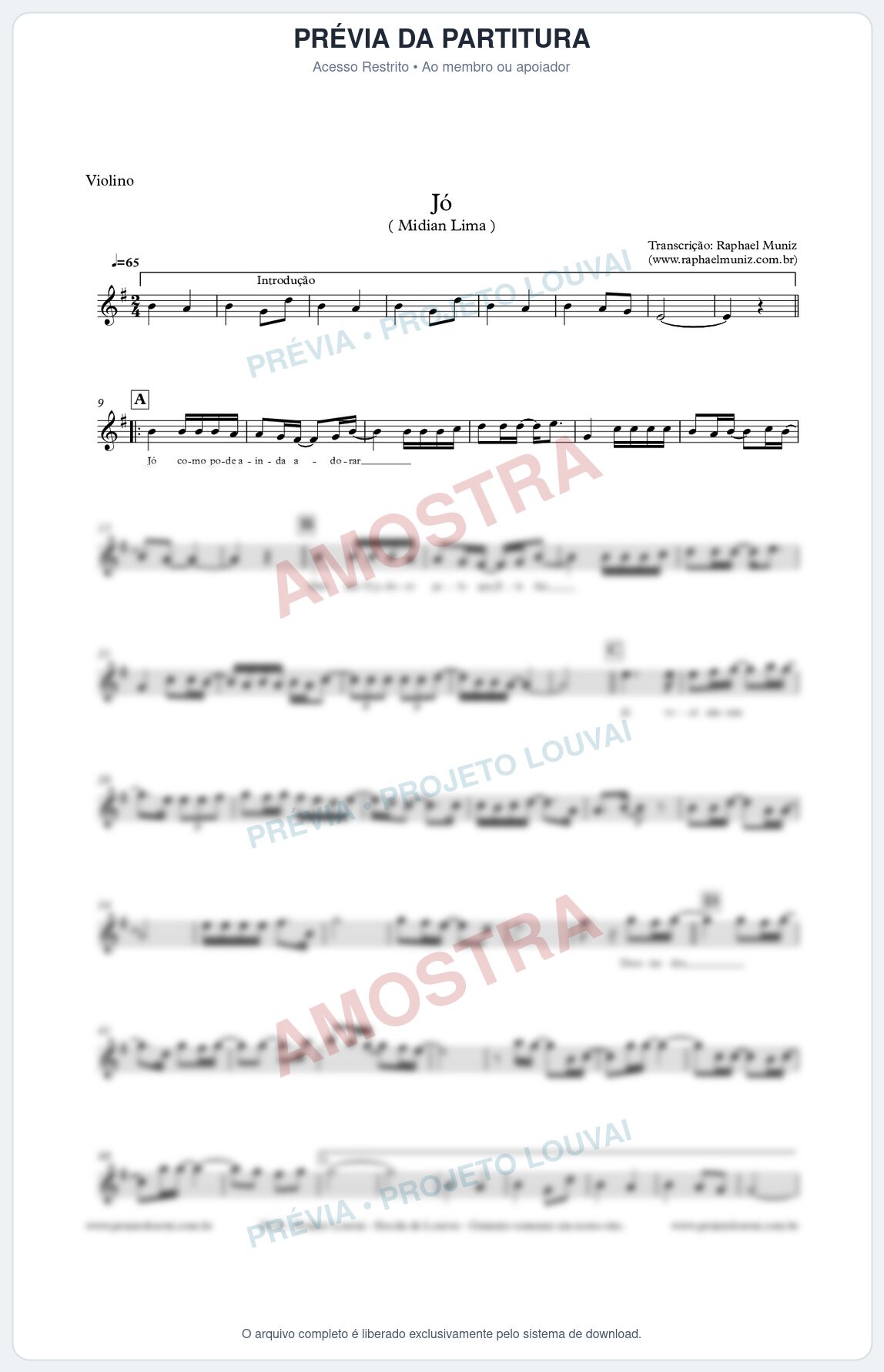 Prévia protegida da primeira página da partitura Partitura para Violino - Jó - Midian Lima