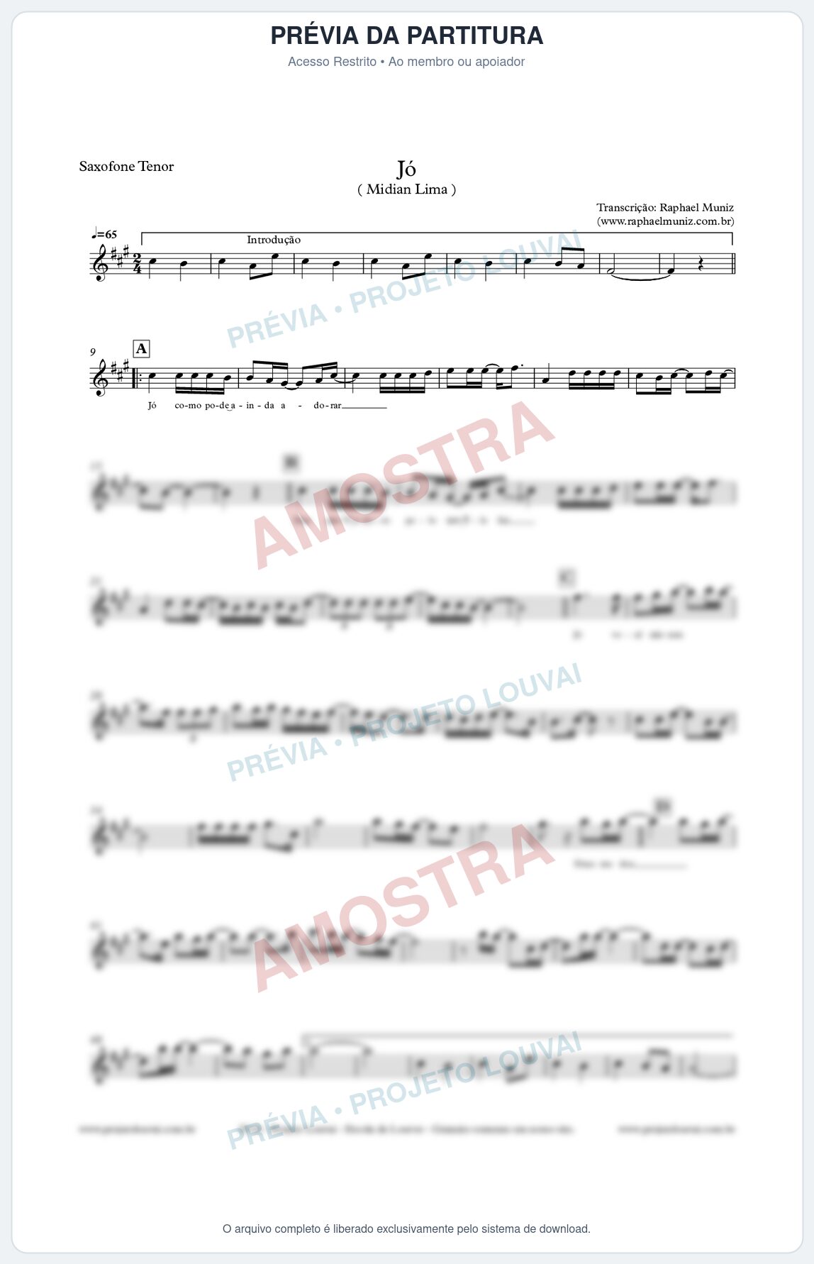 Prévia protegida da primeira página da partitura Partitura para Sax Tenor - Jó - Midian Lima