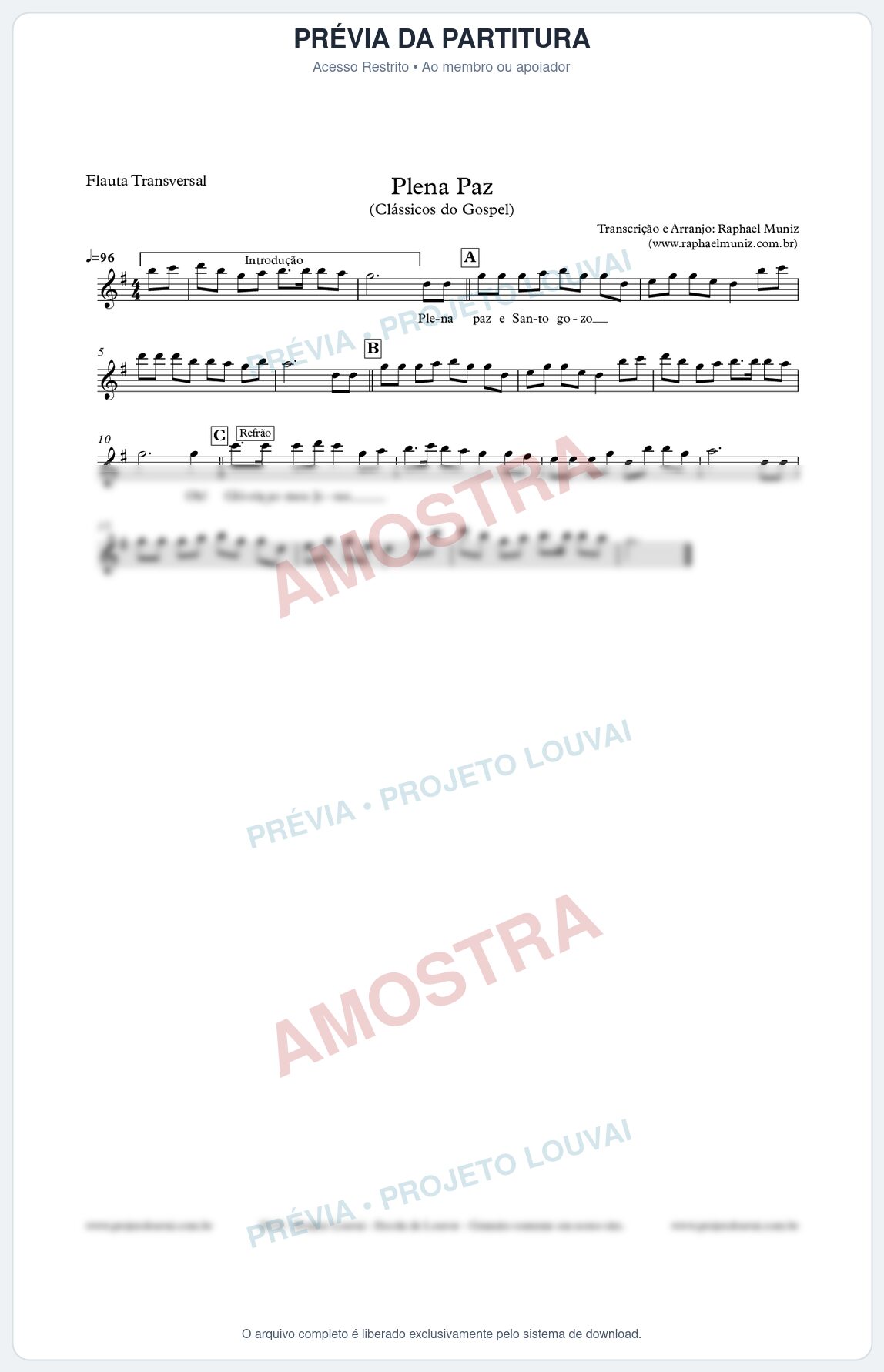 Prévia protegida da primeira página da partitura Partitura para Flauta Transversal - Plena Paz - Harpa Cristã nº3 - Clássicos do Gospel