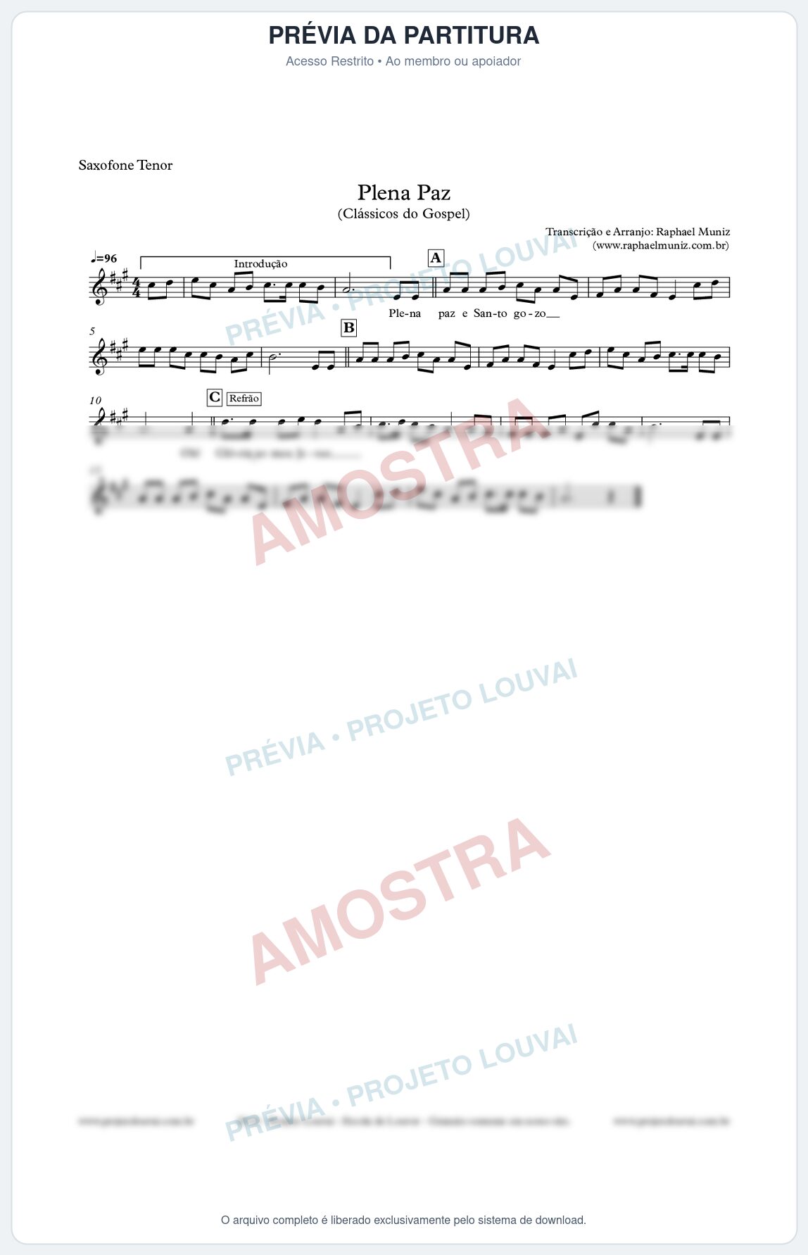 Prévia protegida da primeira página da partitura Partitura para Sax Tenor - Plena Paz - Harpa Cristã nº3 - Clássicos do Gospel