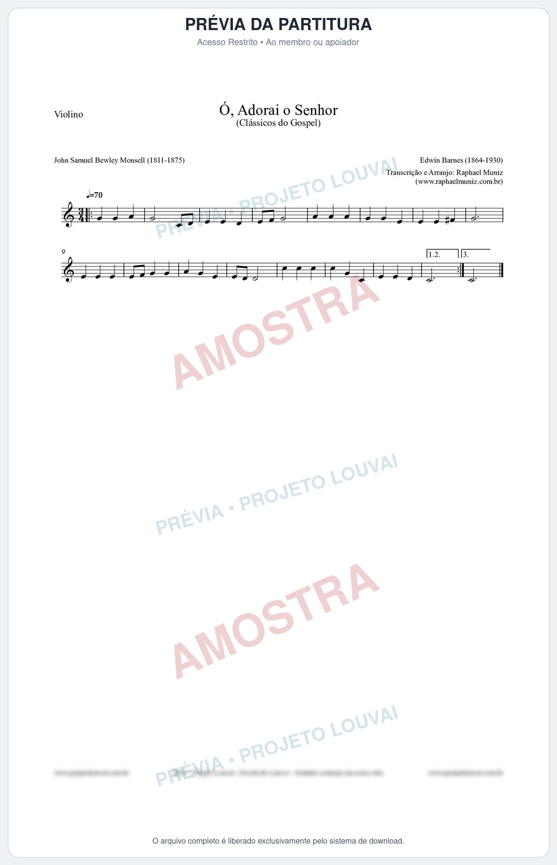 Prévia protegida da primeira página da partitura Partitura para Violino - Ó, Adorai o Senhor - HA nº2 - Clássicos do Gospel