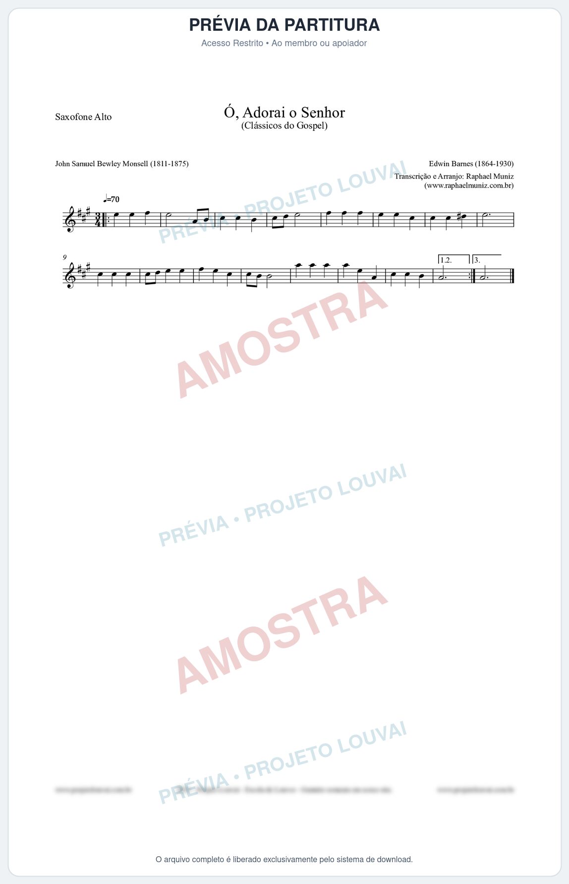 Prévia protegida da primeira página da partitura Partitura para Saxofone Alto - Ó, Adorai o Senhor - HA nº2 - Clássicos do Gospel