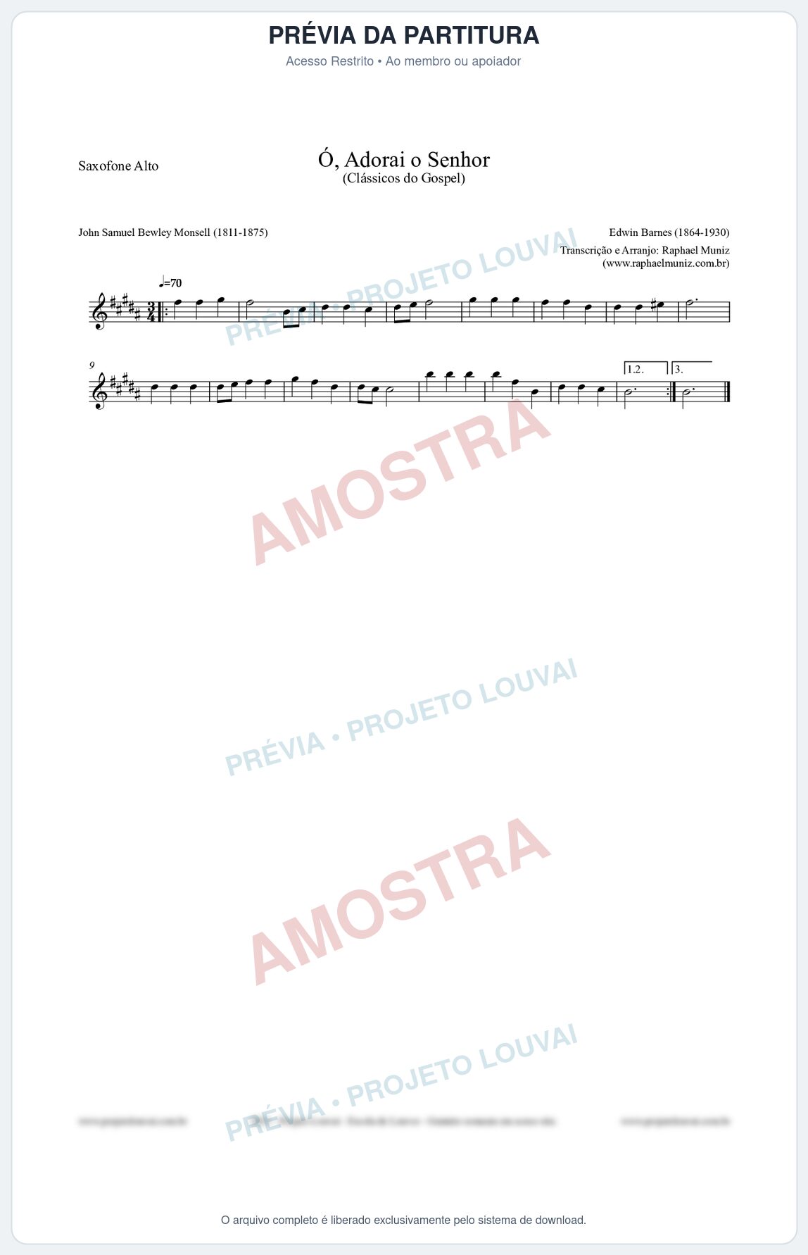 Prévia protegida da primeira página da partitura Partitura para Saxofone Alto - Ó, Adorai o Senhor - HA nº2 - Clássicos do Gospel