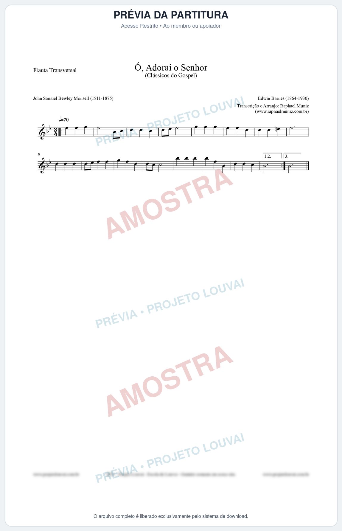 Prévia protegida da primeira página da partitura Partitura para Flauta Transversal - Ó, Adorai o Senhor - HA nº2 - Clássicos do Gospel