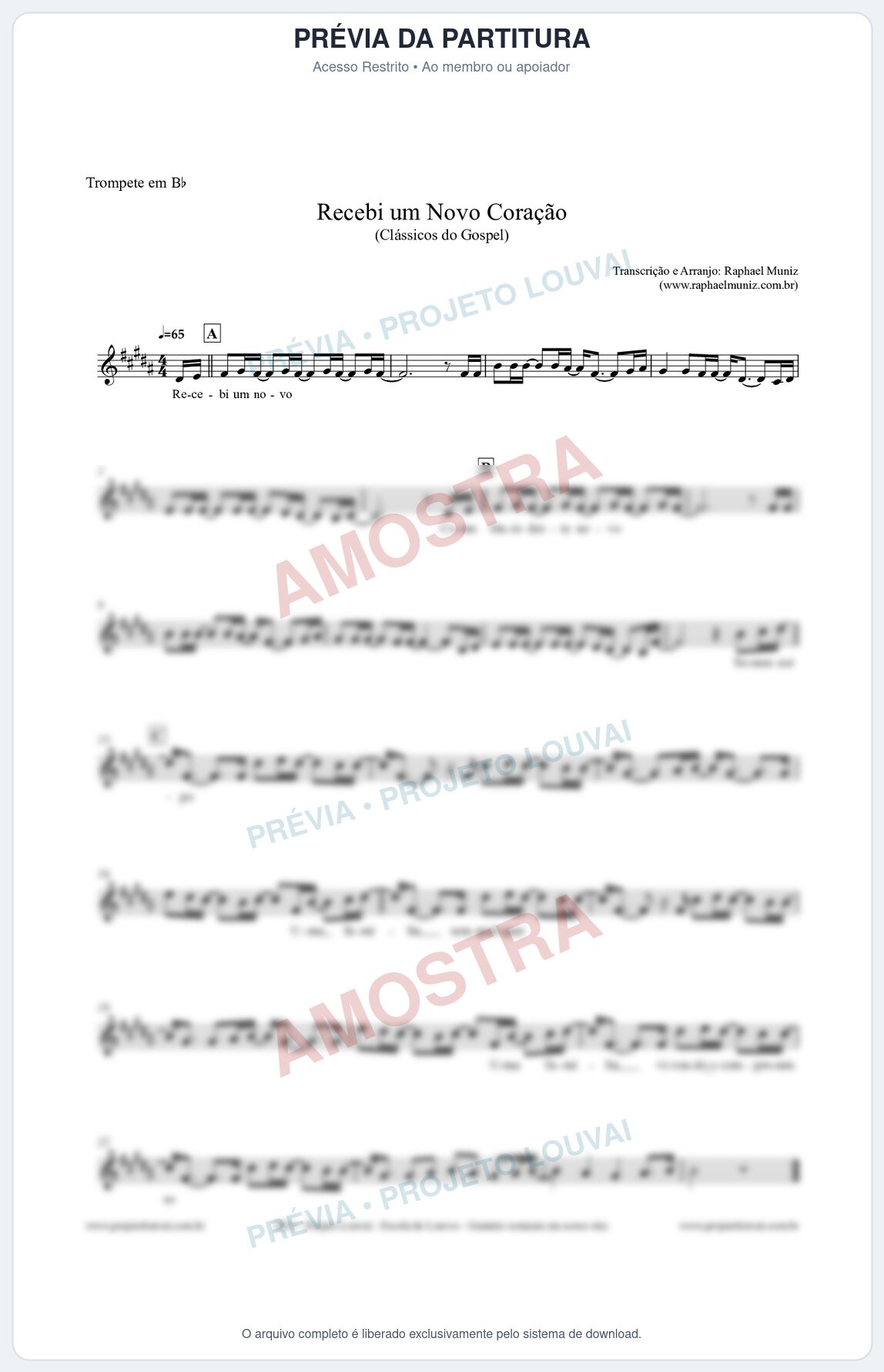 Prévia protegida da primeira página da partitura Partitura para Trompete em Bb - Recebi um novo coração - Clássicos do Gospel