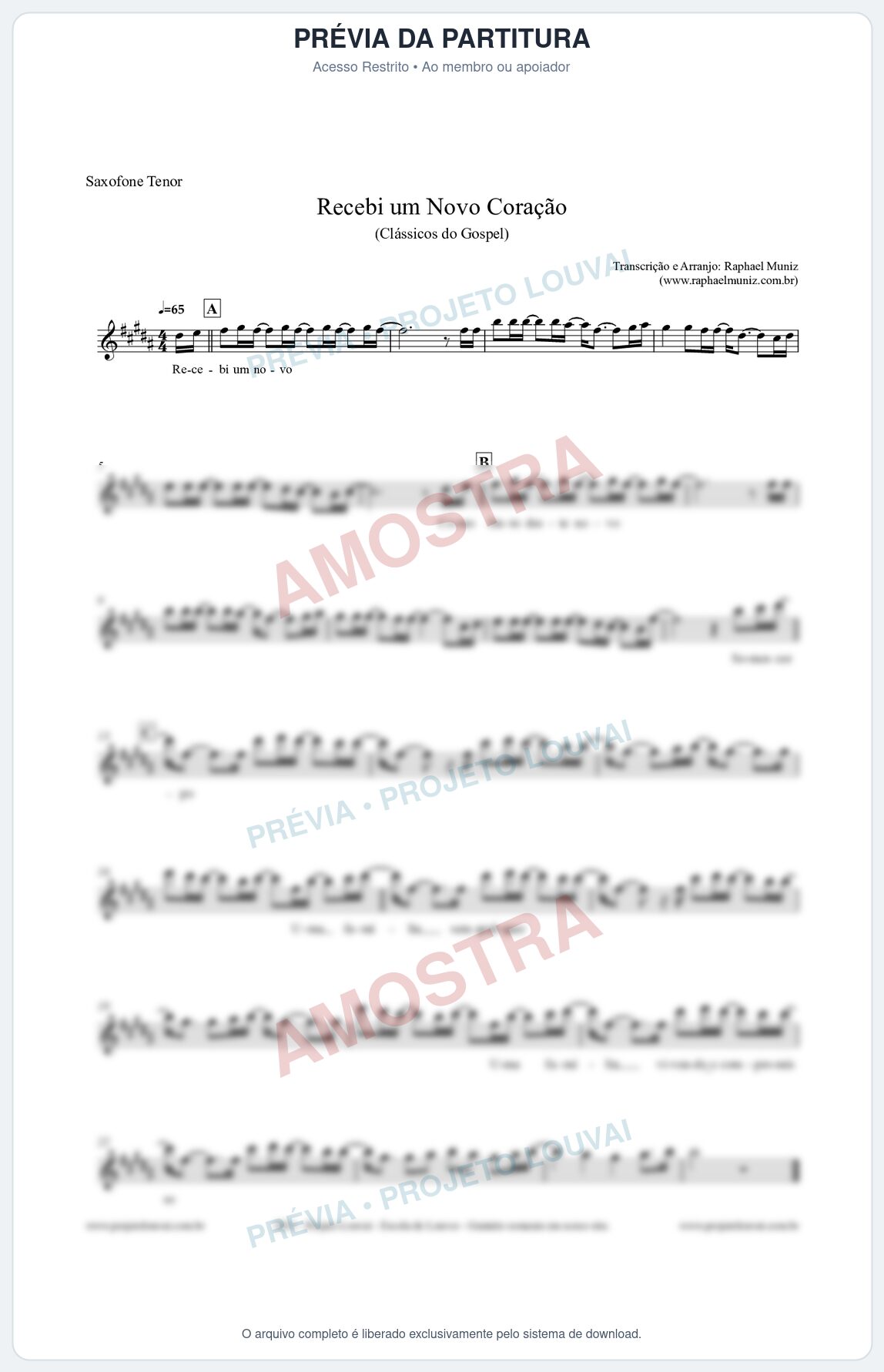 Prévia protegida da primeira página da partitura Partitura para Saxofone Tenor - Recebi um novo coração - Clássicos do Gospel