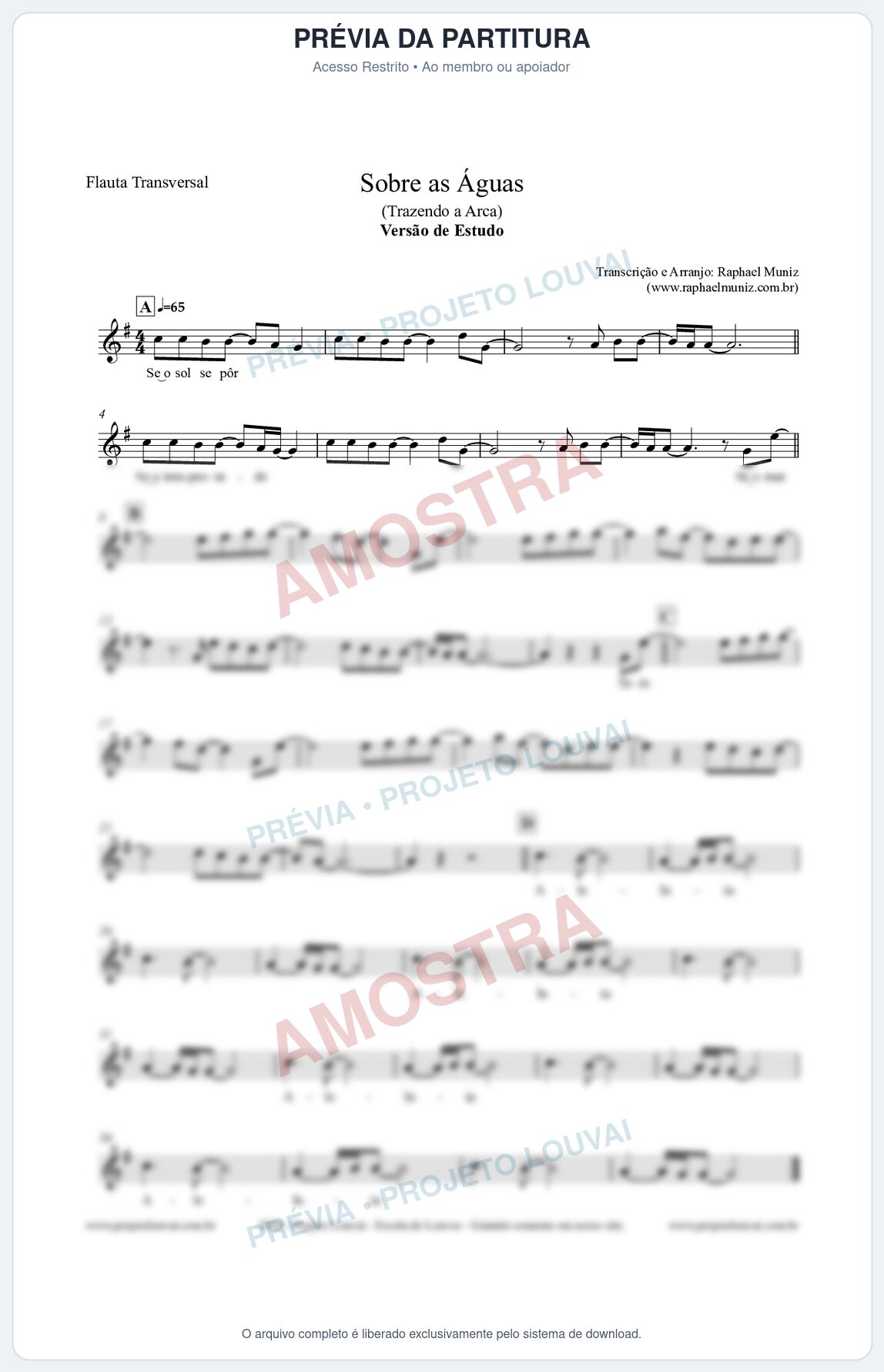 Prévia protegida da primeira página da partitura Partitura para Flauta Transversal - Sobre as Águas (Versão de Estudo) - Trazendo a Arca