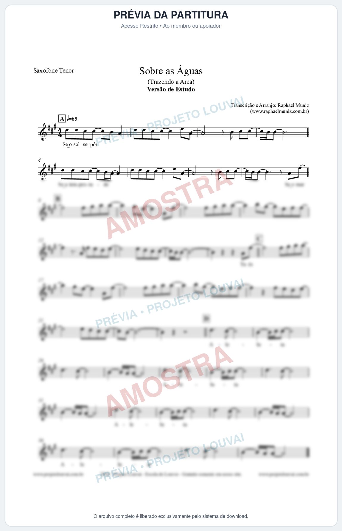 Prévia protegida da primeira página da partitura Partitura para Saxofone Tenor - Sobre as Águas (Versão de Estudo) - Trazendo a Arca
