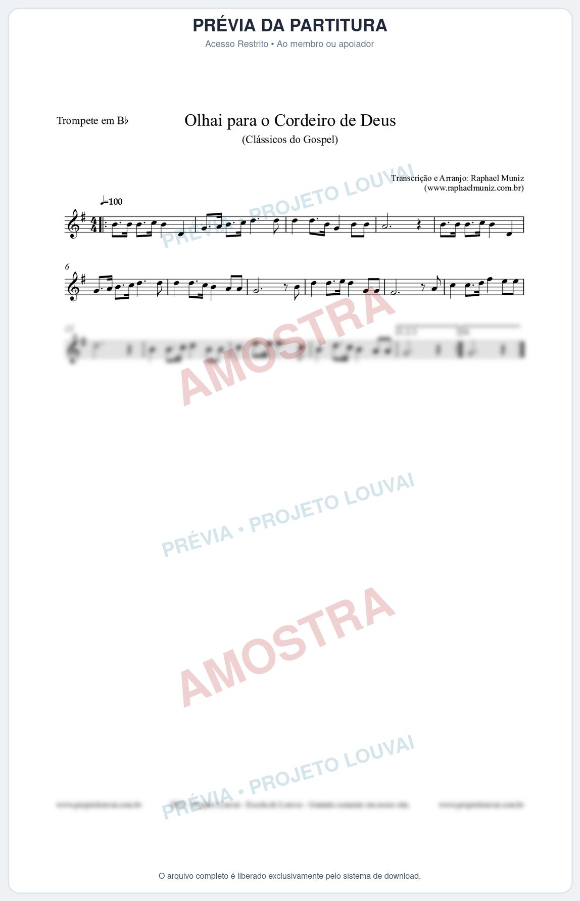 Prévia protegida da primeira página da partitura Partitura para Trompete em Bb - Olhai para o Cordeiro de Deus - Harpa Cristã nº20 - Clássicos do Gospel