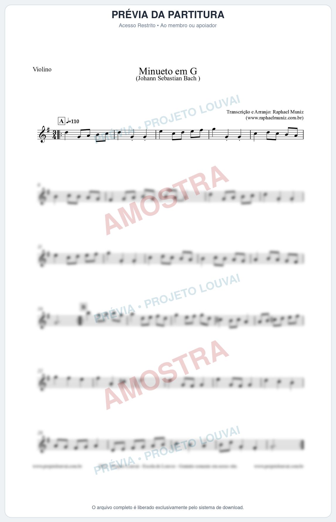 Prévia protegida da primeira página da partitura Partitura para Violino - Minueto em G - Bach - Músicas Eruditas