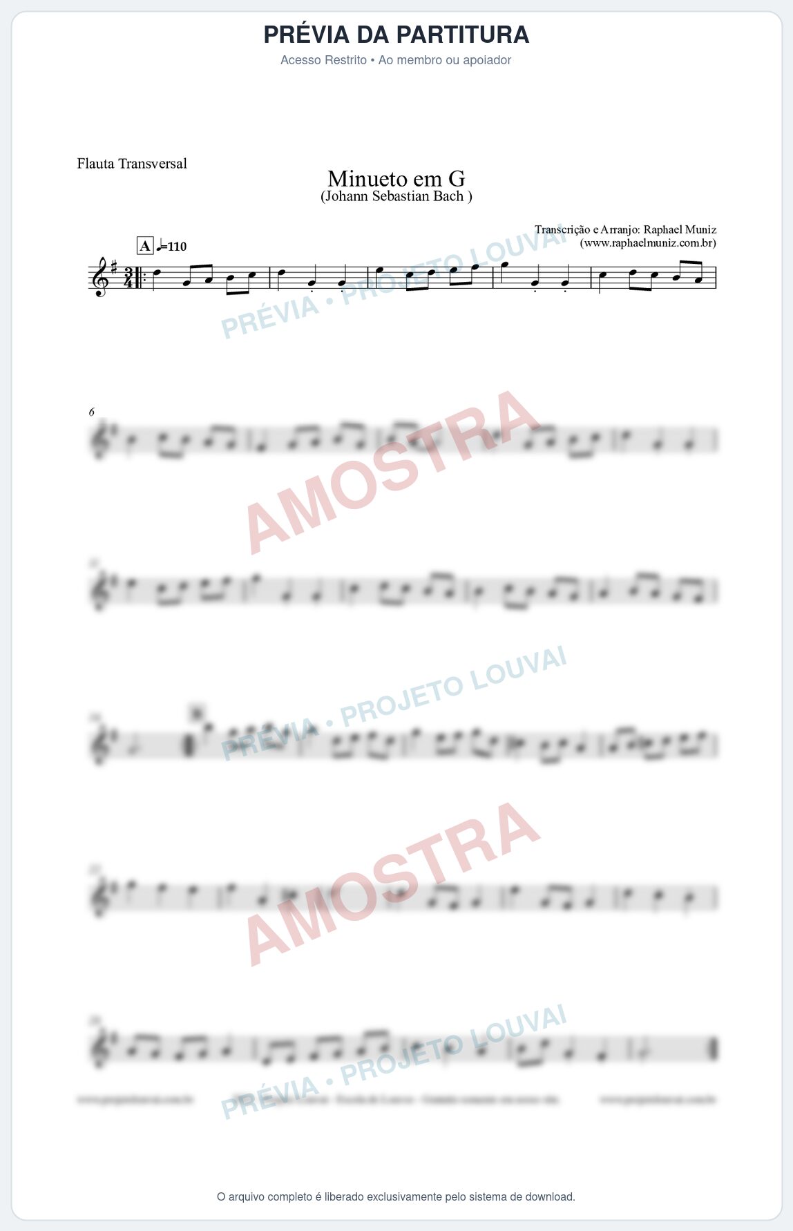 Prévia protegida da primeira página da partitura Partitura para Flauta Transversal - Minueto em G - Bach - Músicas Eruditas