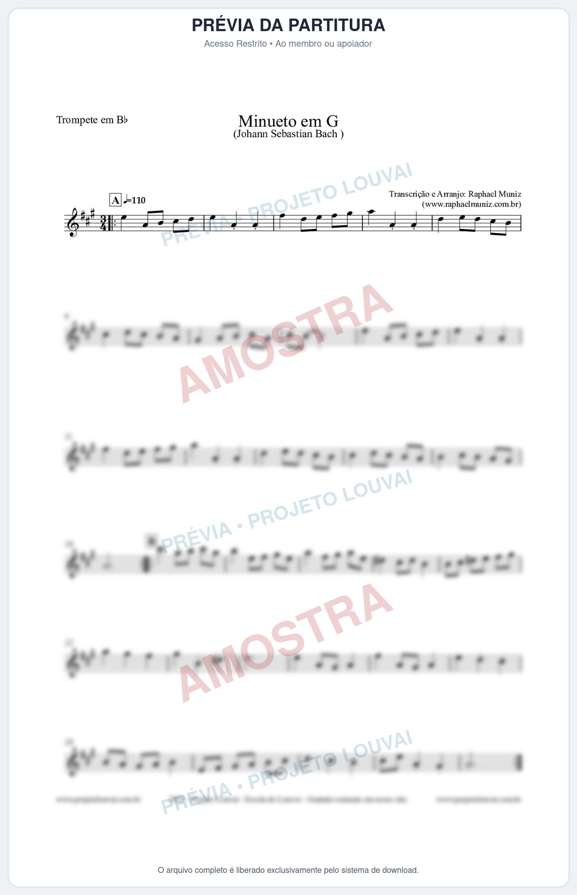 Prévia protegida da primeira página da partitura Partitura para Trompete em Bb - Minueto em G - Bach - Músicas Eruditas