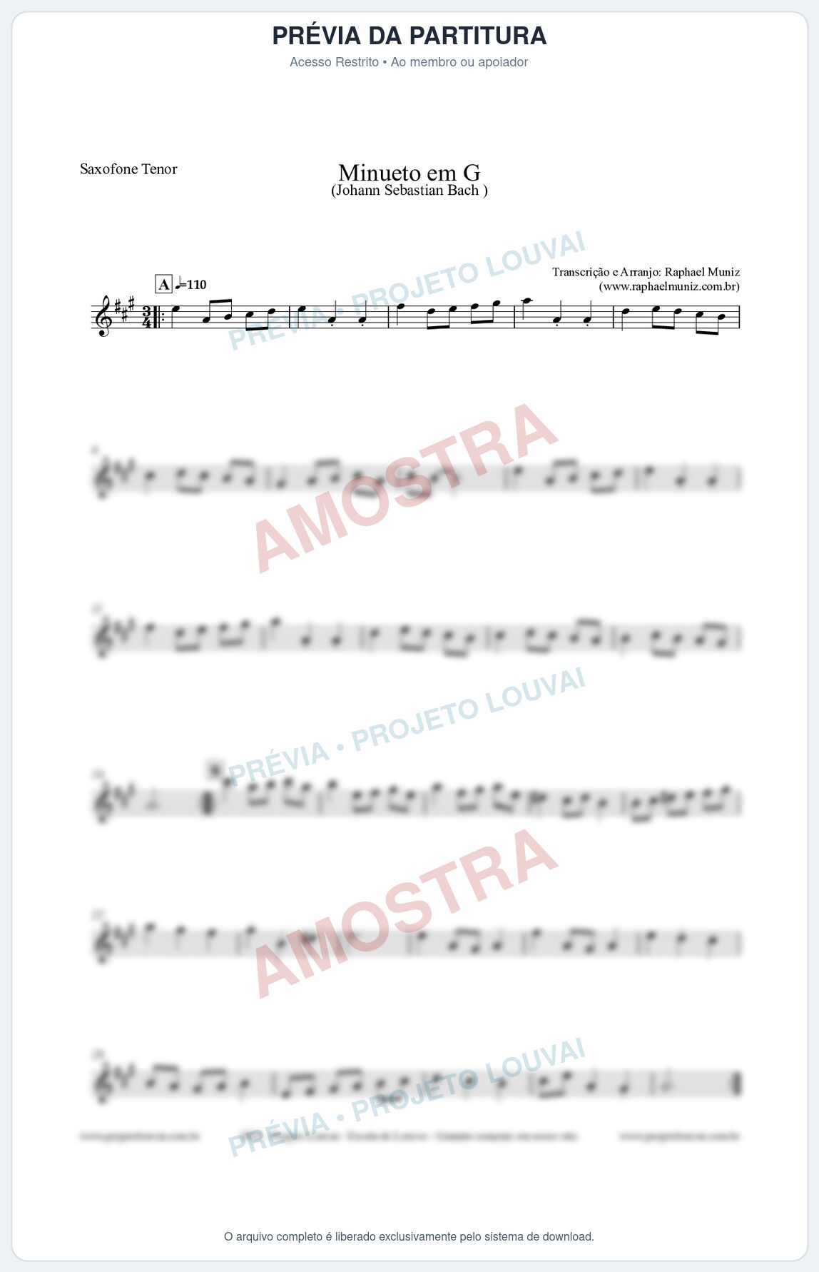 Prévia protegida da primeira página da partitura Partitura para Saxofone Tenor - Minueto em G - Bach - Músicas Eruditas