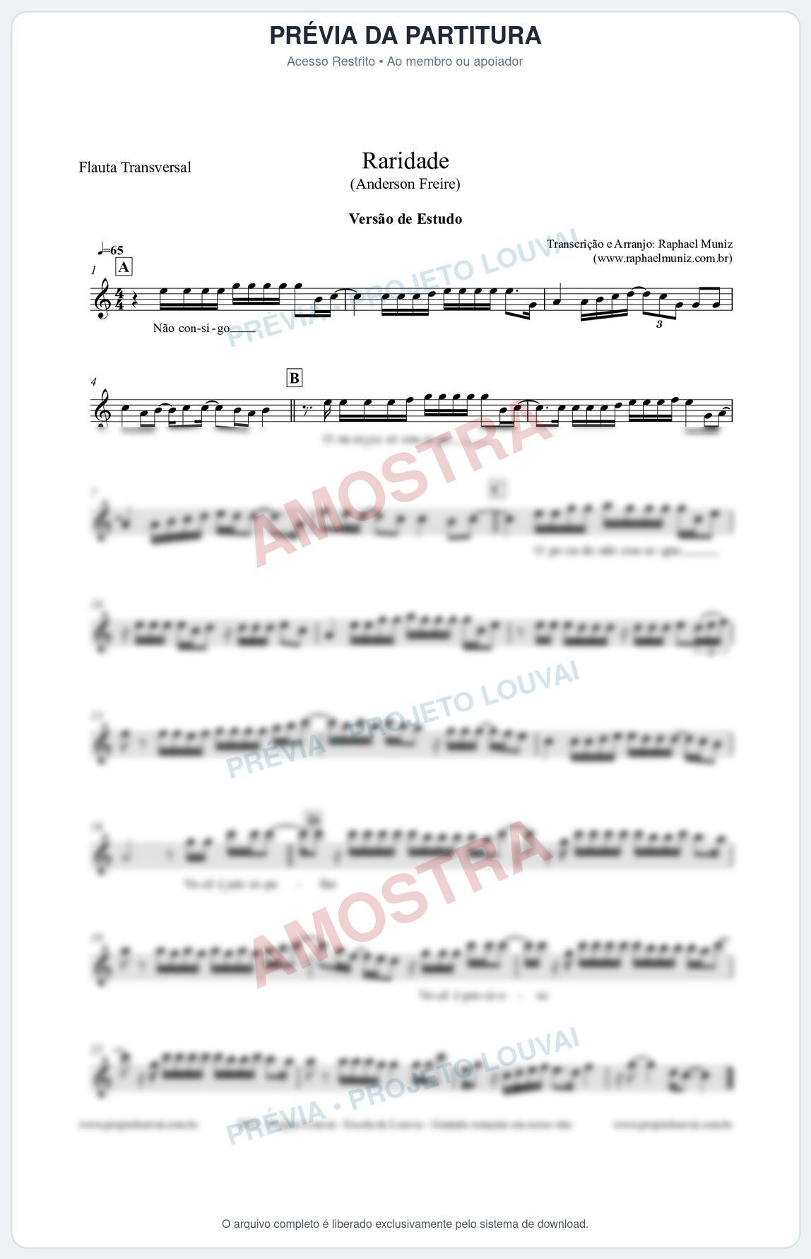 Prévia protegida da primeira página da partitura Partitura para Flauta Transversal - Raridade (Versão de Estudo) - Anderson Freire