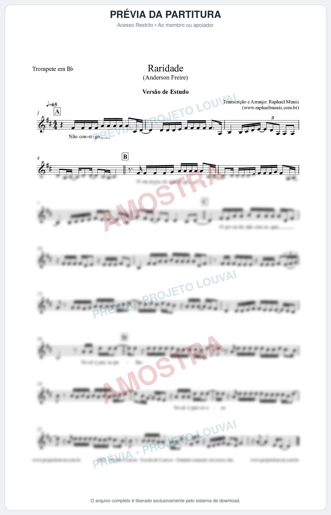 Prévia protegida da primeira página da partitura Partitura para Trompete em Bb - Raridade (Versão de Estudo) - Anderson Freire