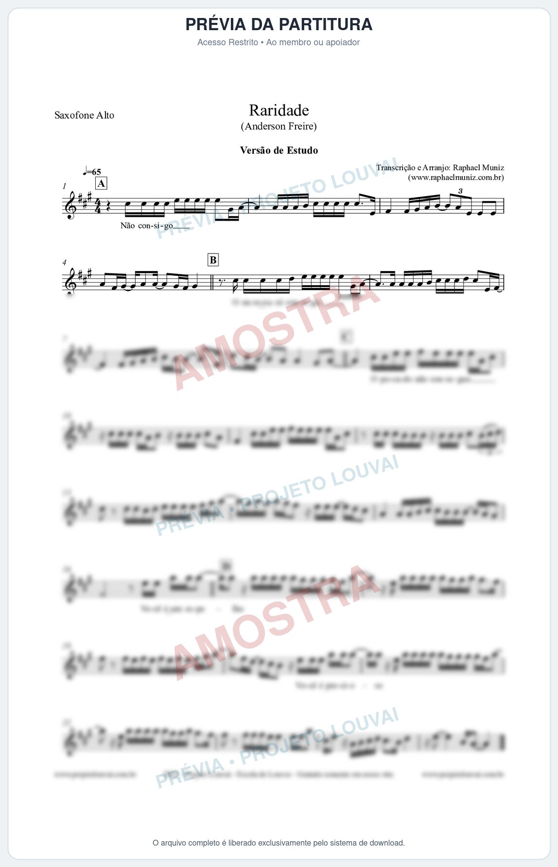 Prévia protegida da primeira página da partitura Partitura para Saxofone Alto - Raridade (Versão de Estudo) - Anderson Freire