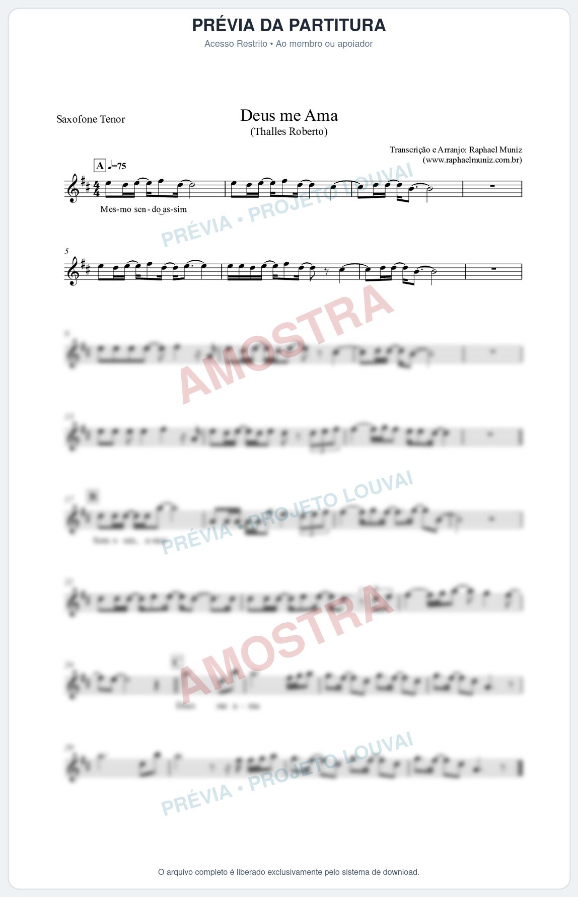 Prévia protegida da primeira página da partitura Partitura para Saxofone Tenor - Deus me Ama - Thalles Roberto