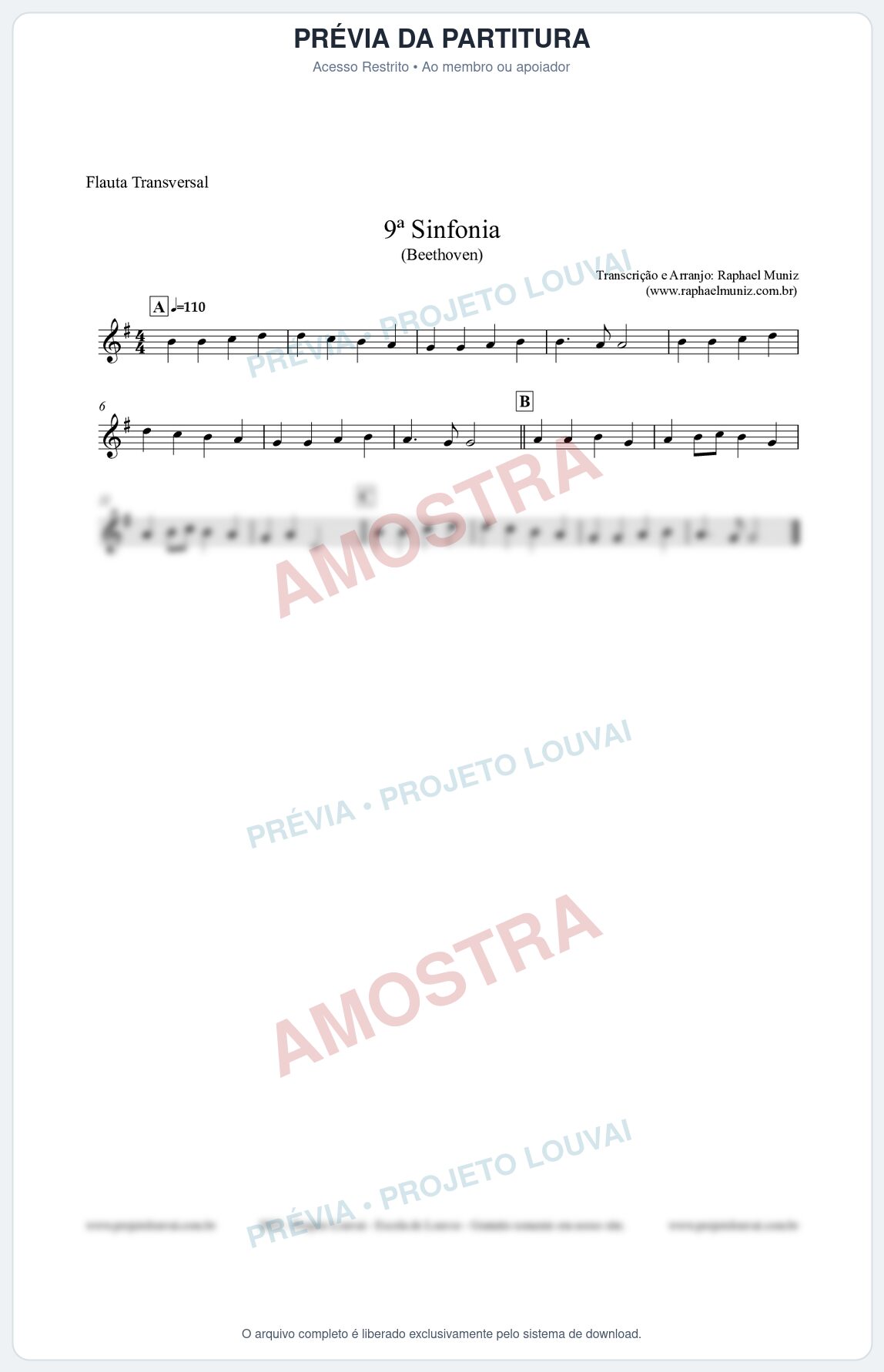 Prévia protegida da primeira página da partitura Partitura para Flauta Transversal - Nona Sinfonia - Beethoven