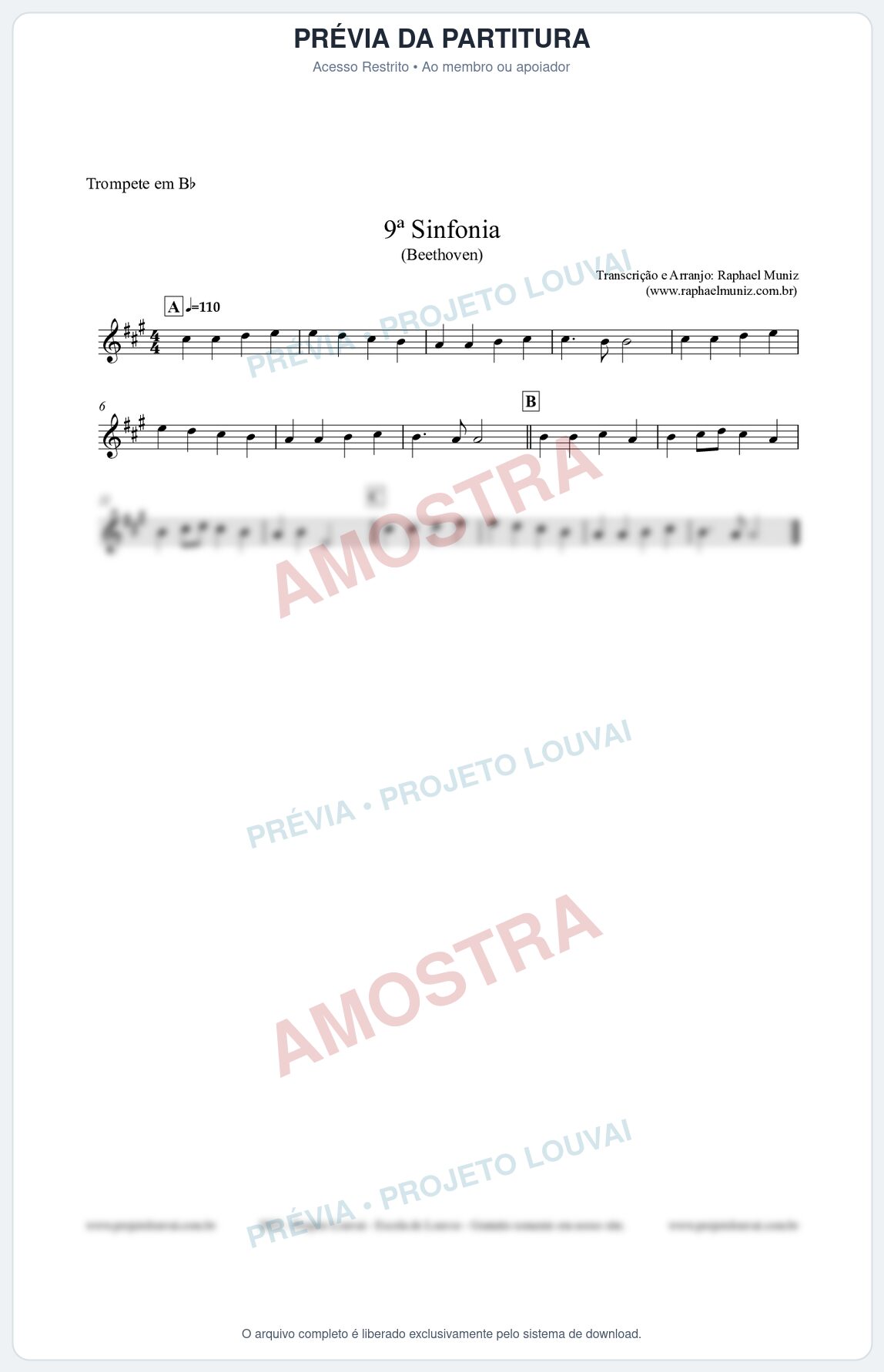 Prévia protegida da primeira página da partitura Partitura para Trompete em Bb - Nona Sinfonia - Beethoven