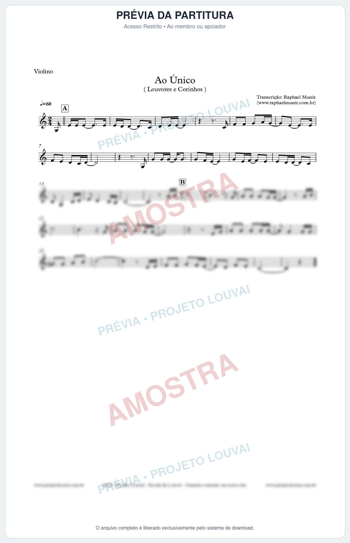 Prévia protegida da primeira página da partitura Partitura para Violino - Ao Único - Louvores e Corinhos Gospel