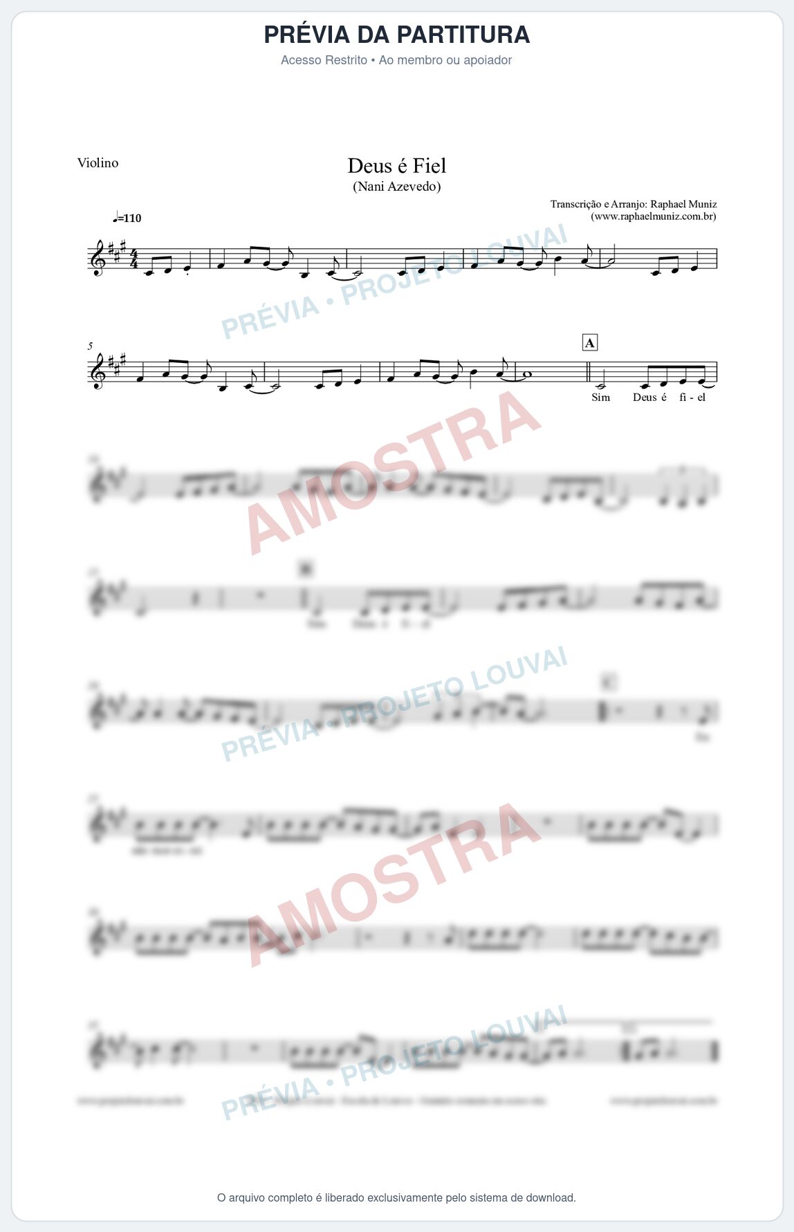 Prévia protegida da primeira página da partitura Partitura para Violino - Deus é Fiel - Nani Azevedo