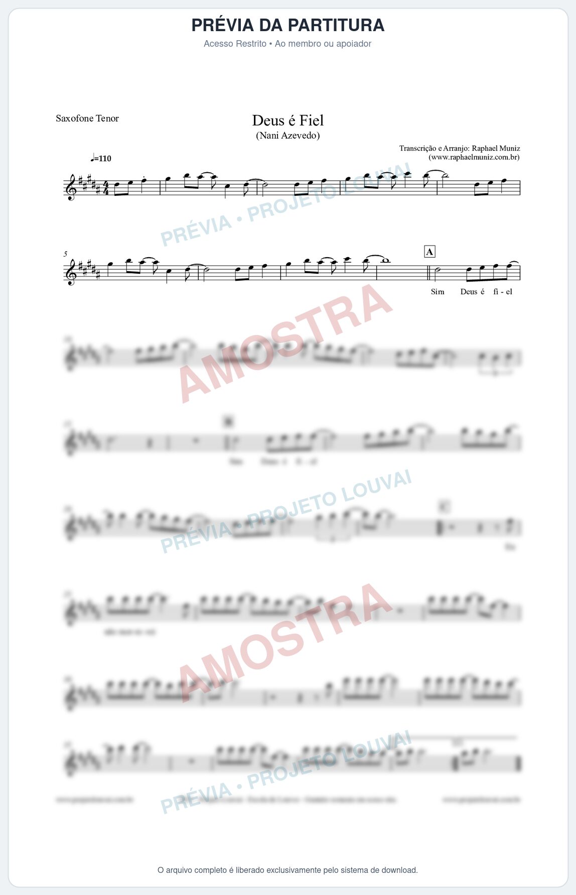 Prévia protegida da primeira página da partitura Partitura para Saxofone Tenor - Deus é Fiel - Nani Azevedo