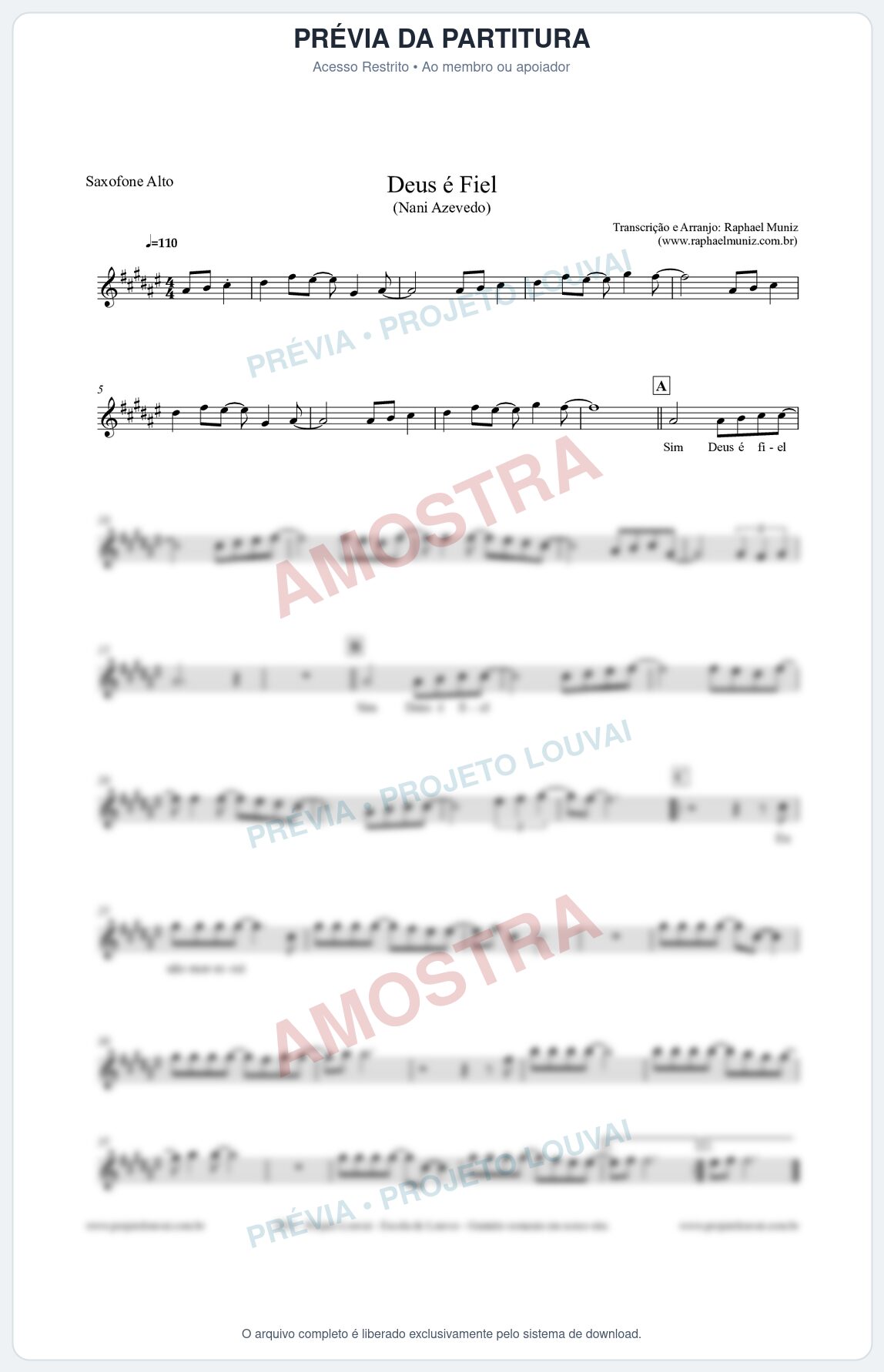 Prévia protegida da primeira página da partitura Partitura para Saxofone Alto - Deus é Fiel - Nani Azevedo