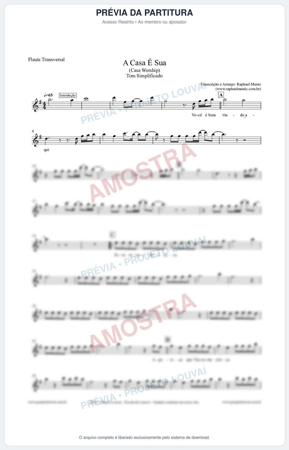 Prévia protegida da primeira página da partitura Partitura para Flauta Transversal - A Casa É Sua (Tom Facilitado) - Casa Worship