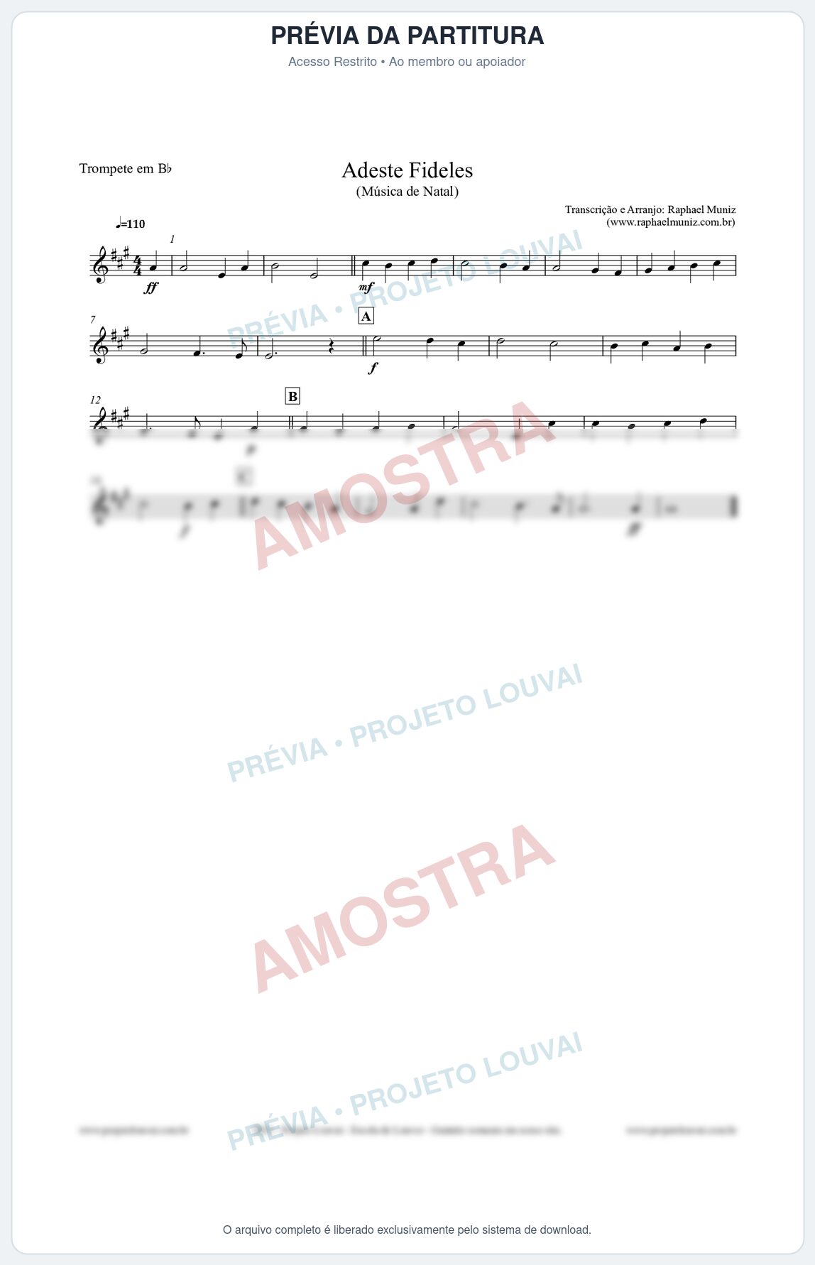 Prévia protegida da primeira página da partitura Partitura para Trompete em Bb - Adeste Fideles - Músicas de Natal
