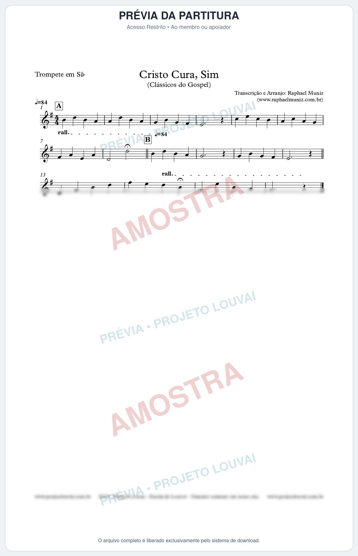 Prévia protegida da primeira página da partitura Partitura para Trompete - Cristo Cura, Sim - Harpa Cristã nº7  - Clássicos do Gospel