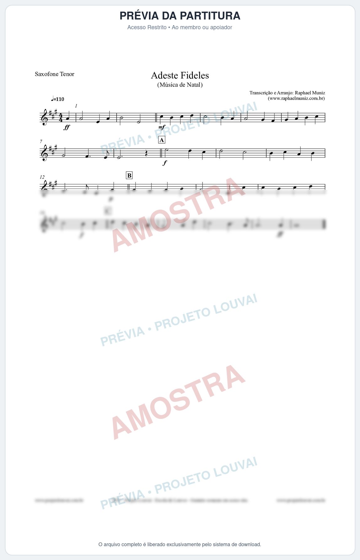 Prévia protegida da primeira página da partitura Partitura para Saxofone Tenor - Adeste Fideles - Músicas de Natal