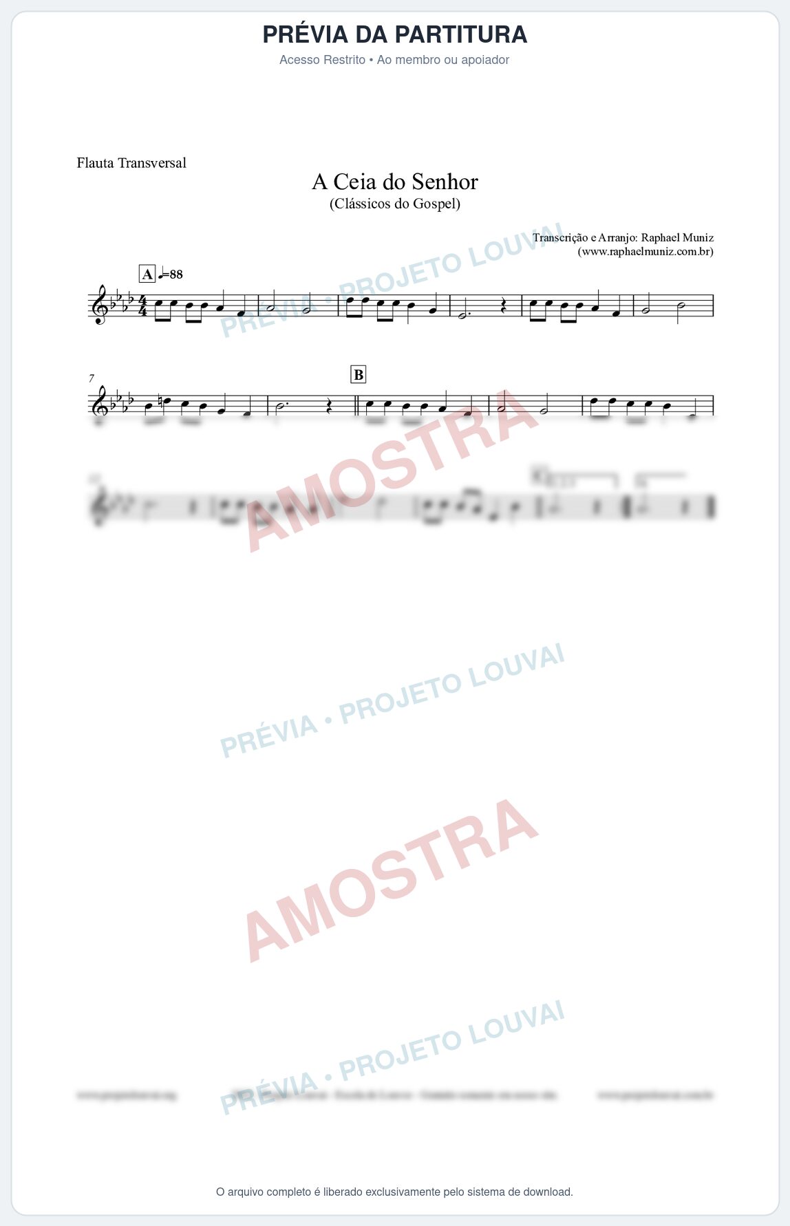 Prévia protegida da primeira página da partitura Partitura para Flauta Transversal - A Ceia do Senhor - Harpa Cristã nº22 - Clássicos do Gospel