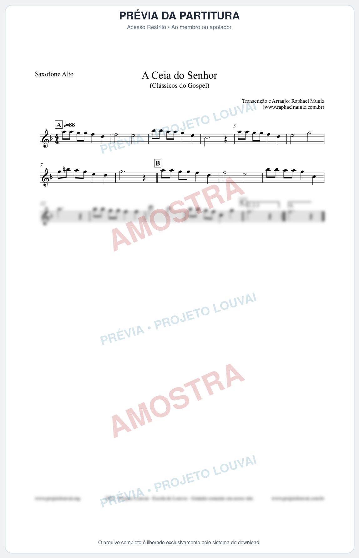 Prévia protegida da primeira página da partitura Partitura para Saxofone Alto - A Ceia do Senhor - Harpa Cristã nº22 - Clássicos do Gospel