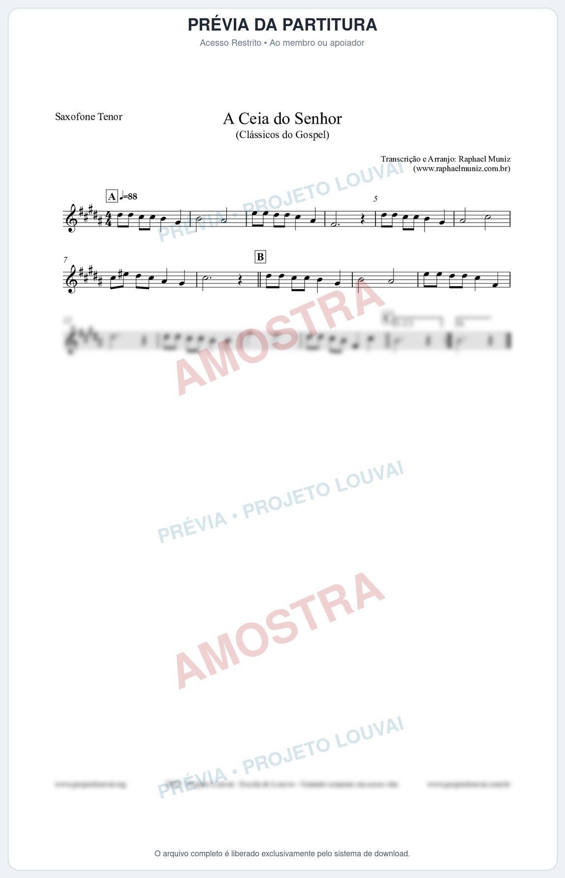 Prévia protegida da primeira página da partitura Partitura para Saxofone Tenor - A Ceia do Senhor - Harpa Cristã nº22 - Clássicos do Gospel