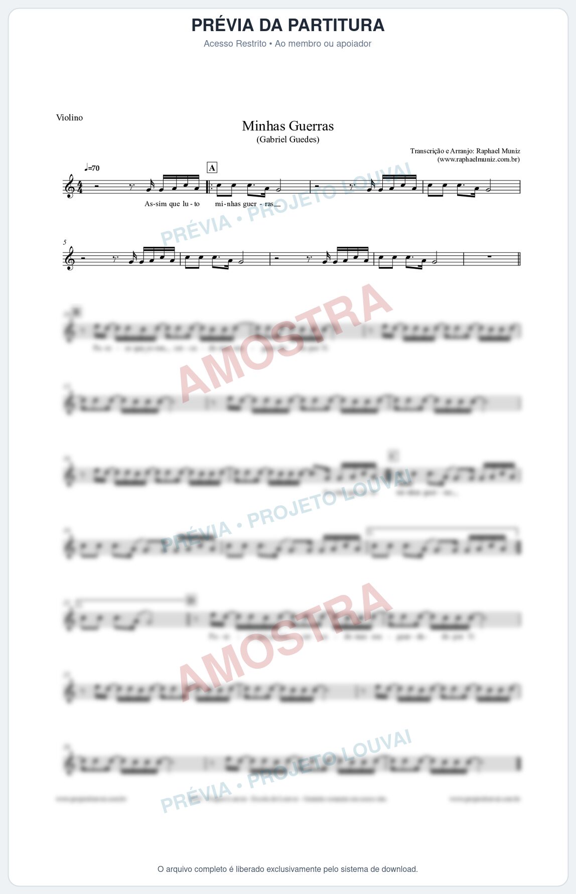 Prévia protegida da primeira página da partitura Partitura para Violino - Minhas Guerras - Gabriel Guedes