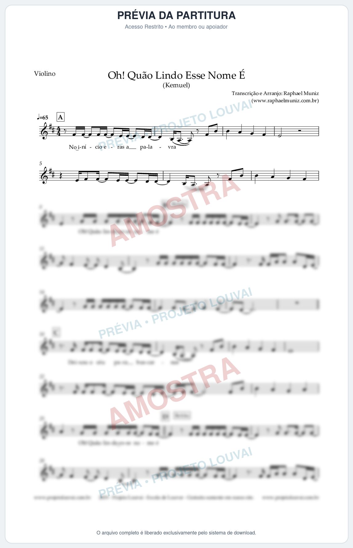 Prévia protegida da primeira página da partitura Partitura para Violino - Oh Quão lindo esse nome é - Kemuel