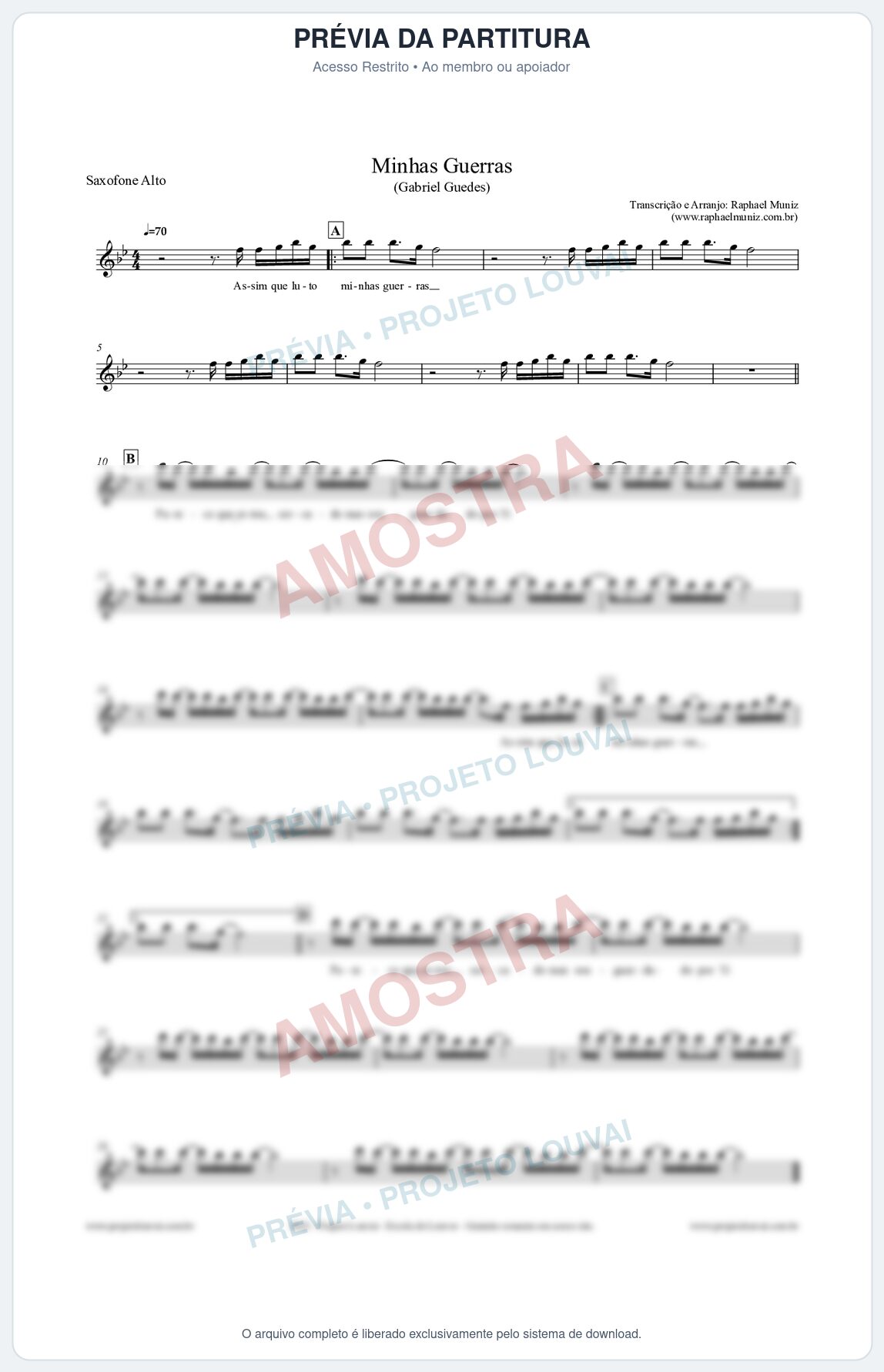 Prévia protegida da primeira página da partitura Partitura para Saxofone Alto - Minhas Guerras - Gabriel Guedes