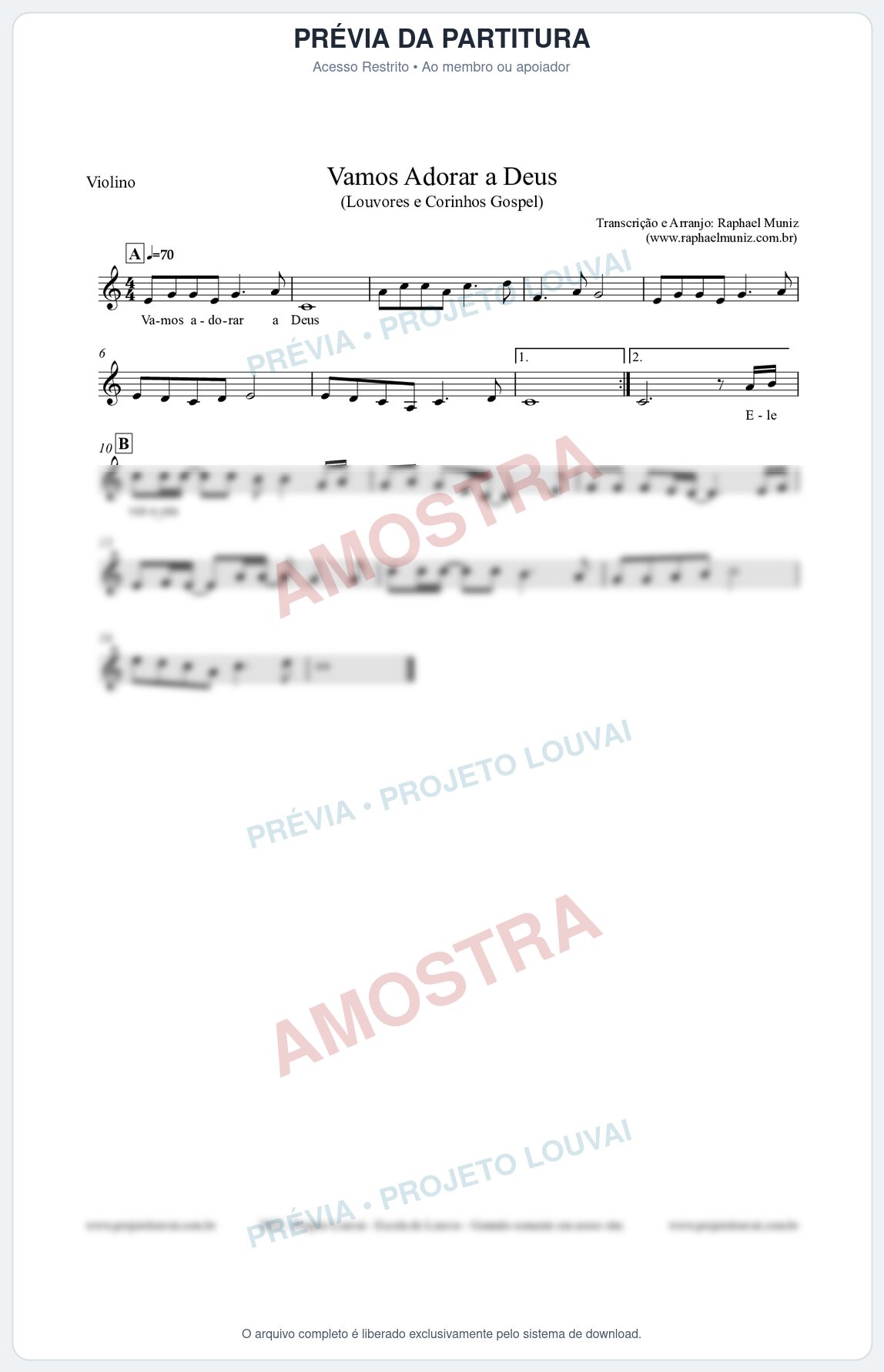 Prévia protegida da primeira página da partitura Partitura para Violino - Vamos Adorar a Deus - Louvores e Corinhos Gospel