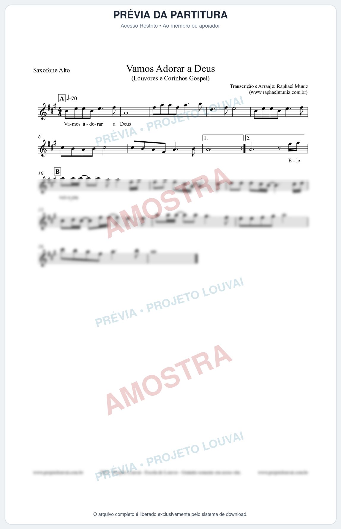 Prévia protegida da primeira página da partitura Partitura para Saxofone Alto - Vamos Adorar a Deus - Louvores e Corinhos Gospel