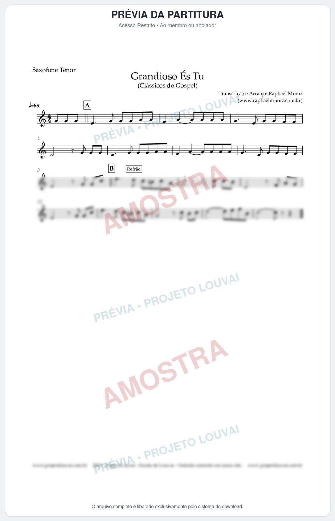 Prévia protegida da primeira página da partitura Partitura para Sax Tenor - Grandiosos És Tu - Harpa Cristã nº 526 - Clássicos do Gospel
