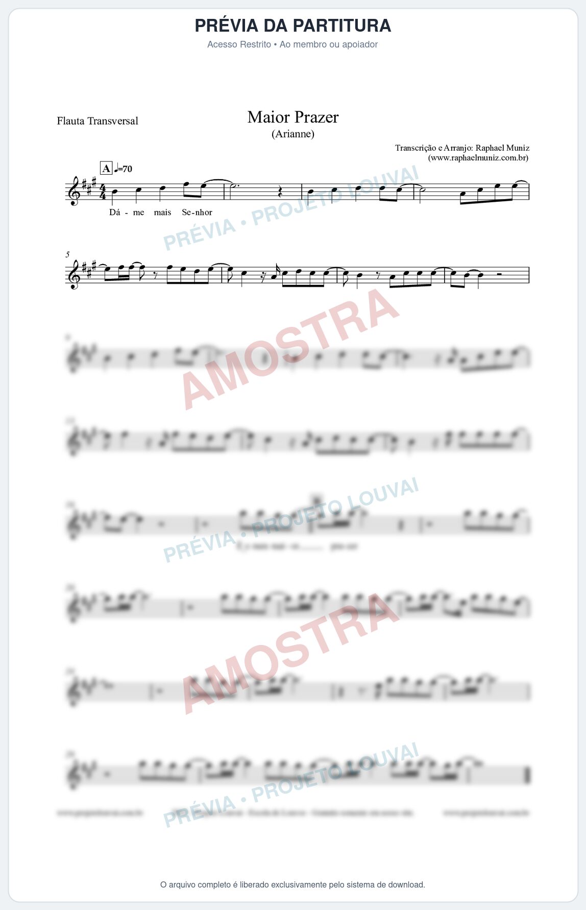 Prévia protegida da primeira página da partitura Partitura para Flauta Transversal - Maior Prazer - Arianne