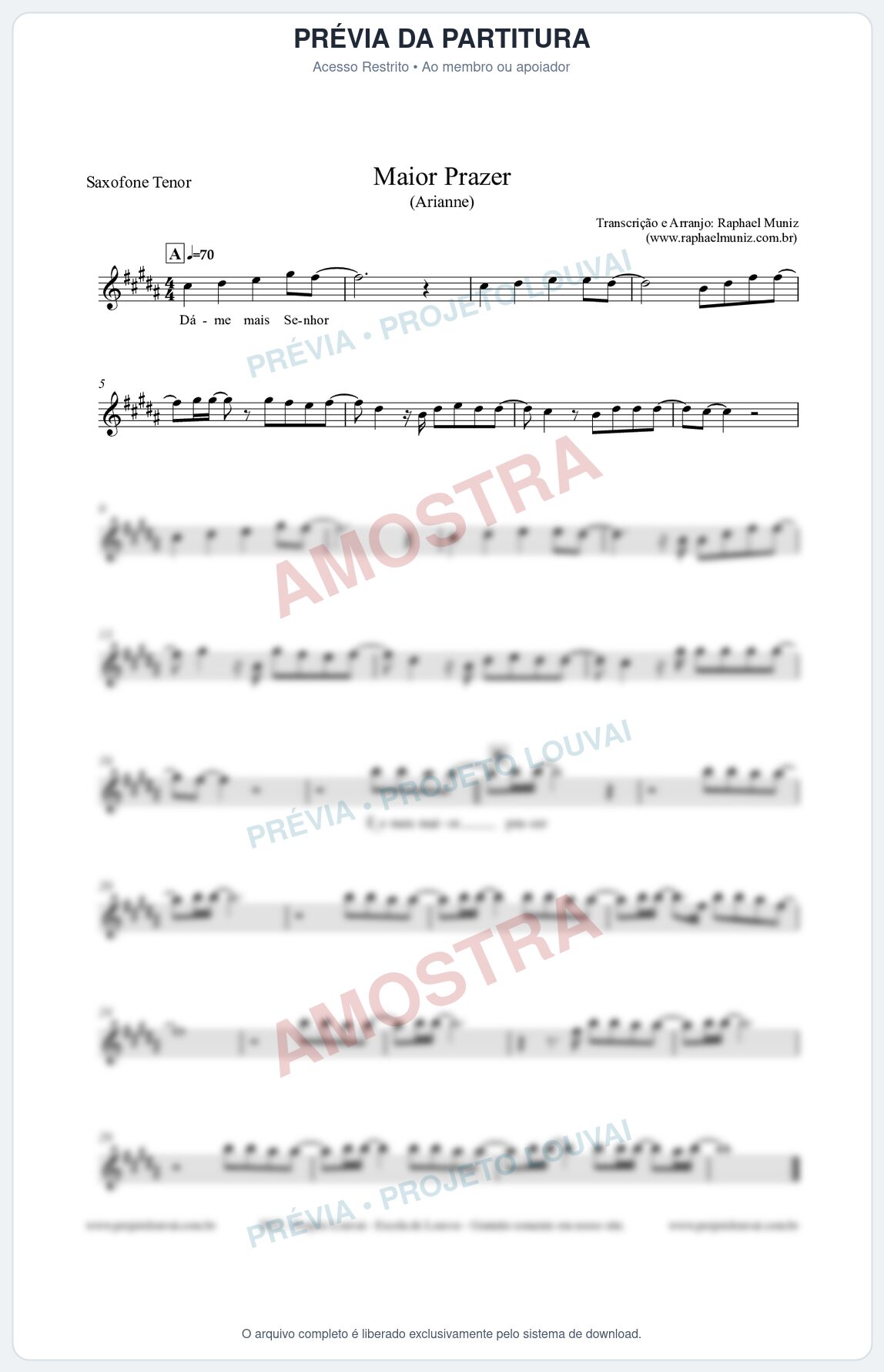 Prévia protegida da primeira página da partitura Partitura para Saxofone Tenor - Maior Prazer - Arianne