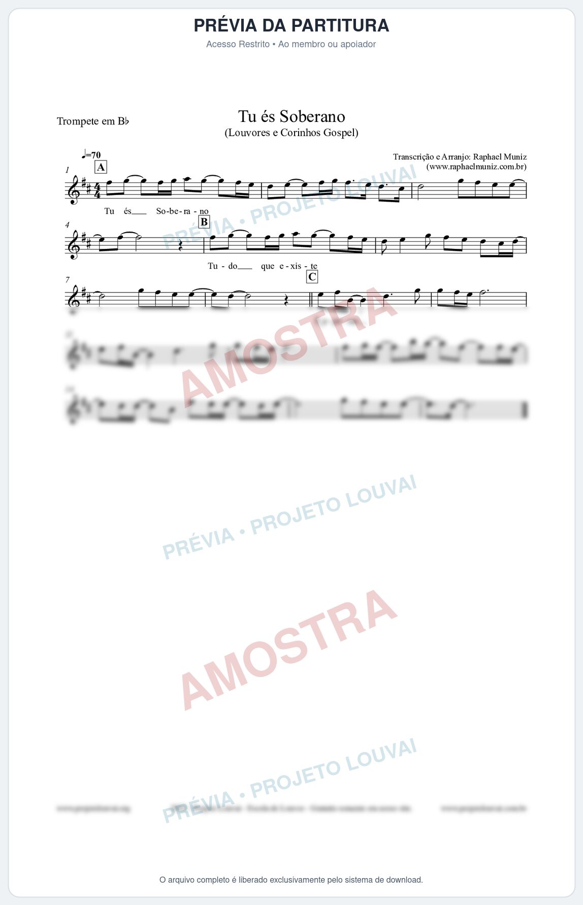 Prévia protegida da primeira página da partitura Partitura para Trompete em Bb - Tu és Soberano - Louvores e Corinhos Gospel