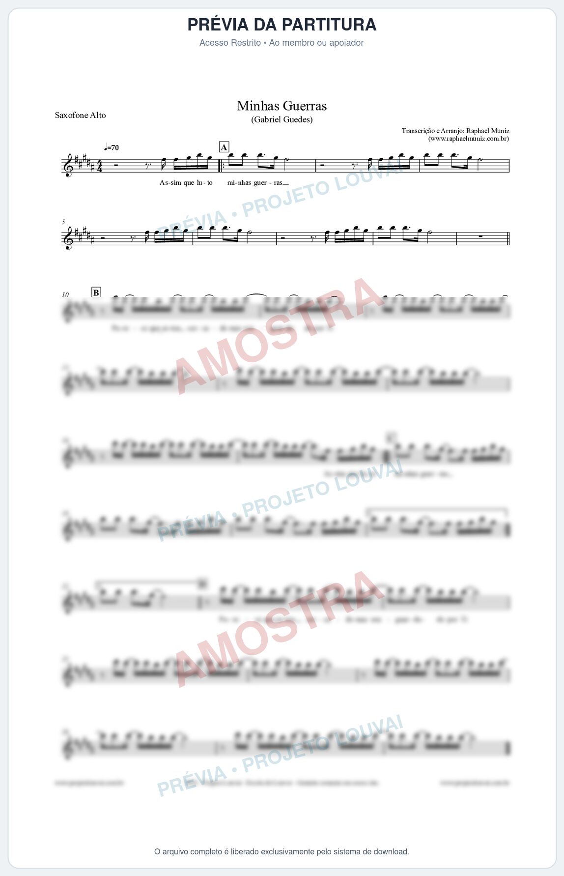 Prévia protegida da primeira página da partitura Partitura para Saxofone Alto - Minhas Guerras - Gabriel Guedes