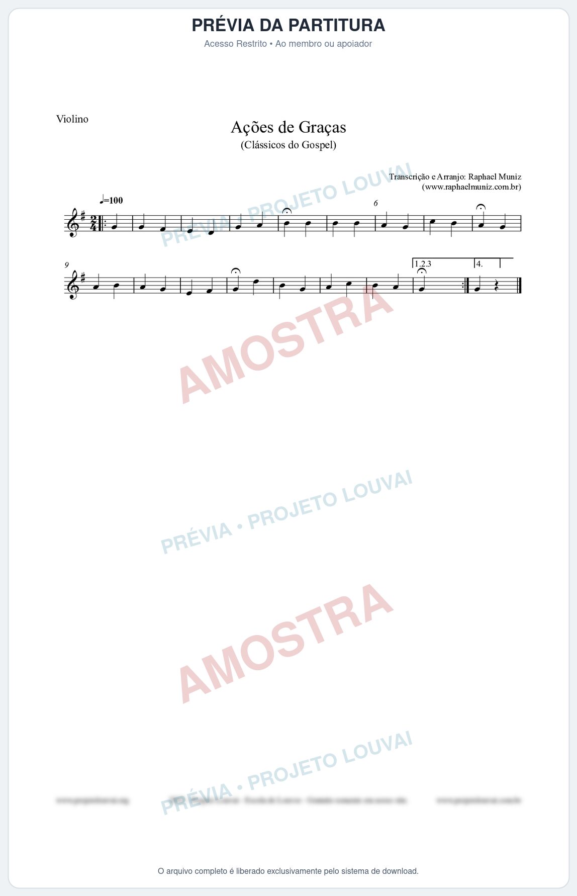 Prévia protegida da primeira página da partitura Partitura para Violino - Ações de Graças - Salmos e Hinos nº20 - Clássicos do Gospel