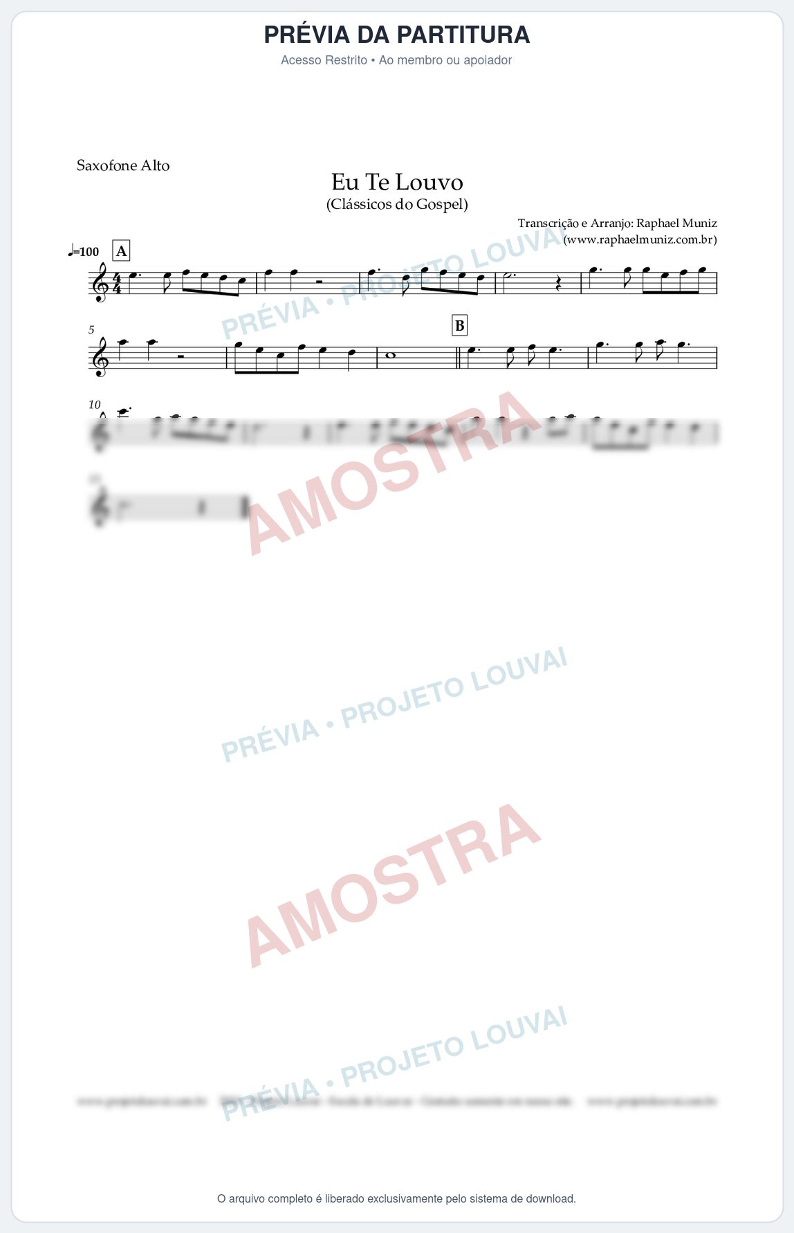 Prévia protegida da primeira página da partitura Partitura para Saxofone Alto - Eu Te Louvo - Harpa Cristã nº10 - Clássicos do Gospel