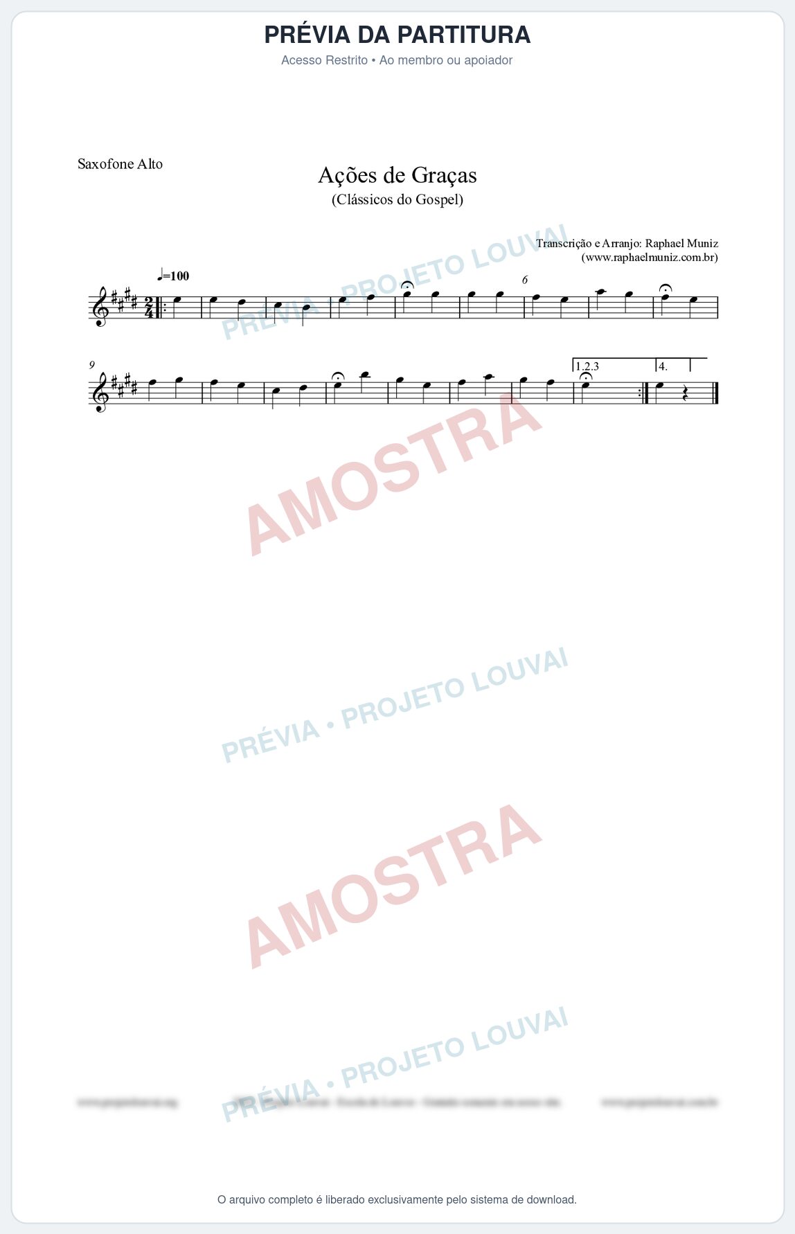 Prévia protegida da primeira página da partitura Partitura para Saxofone Alto - Ações de Graças - Salmos e Hinos nº20 - Clássicos do Gospel